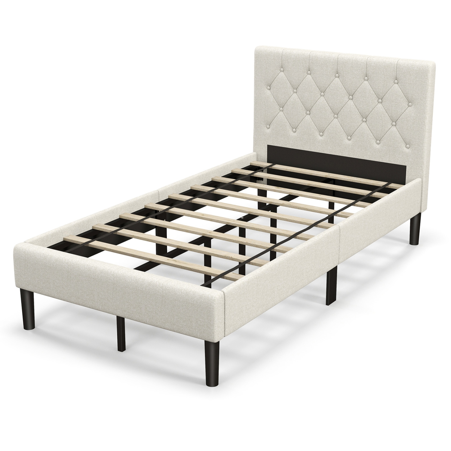 Costway Upholstered Platform Bed Twin Size Button Tufted Headboard Wooden Slats Support