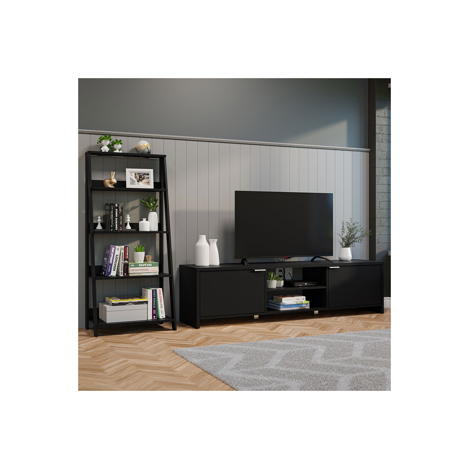 Meuble pour téléviseur avec espace de rangement de 80 po et bibliothèque à échelle Madesa - Noir