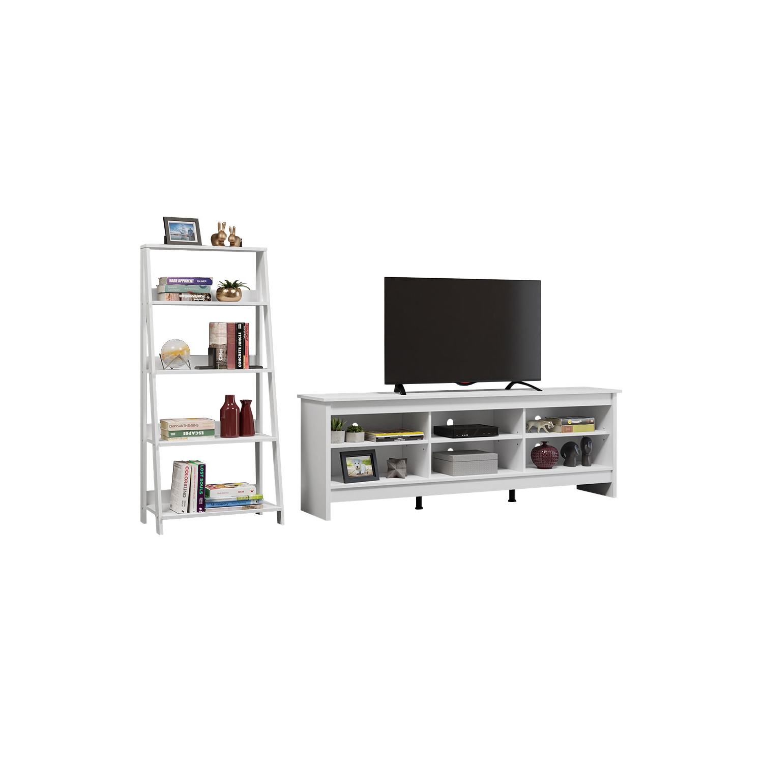 Madesa 2-Piece TV Stand and Ladder Shelf Set: 70" TV Stand with Cable Management and Open Shelves + 24" 5-Tier Ladder Shelf for Storage, Office,