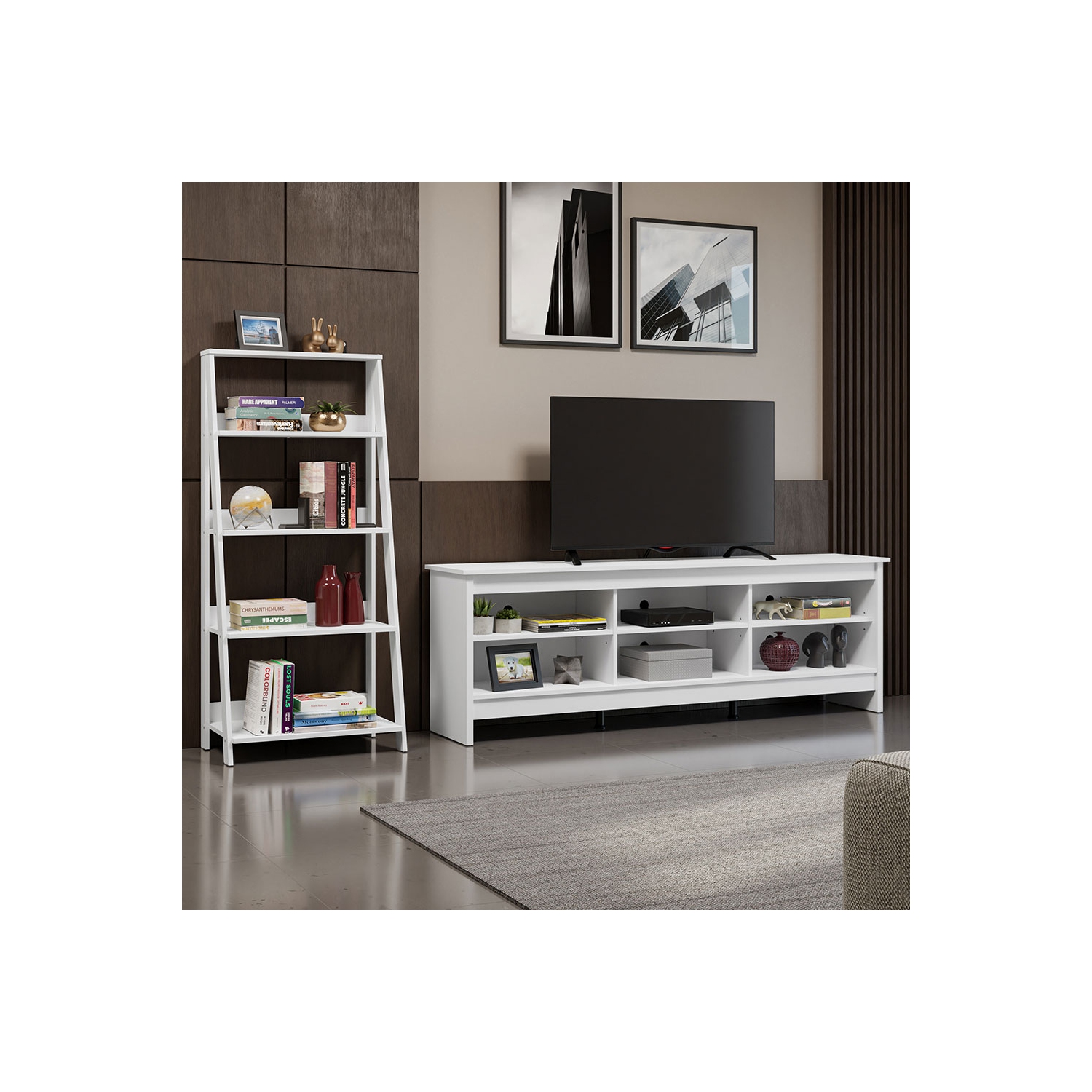 Madesa 2-Piece TV Stand and Ladder Shelf Set: 70" TV Stand with Cable Management and Open Shelves + 24" 5-Tier Ladder Shelf for Storage, Office,