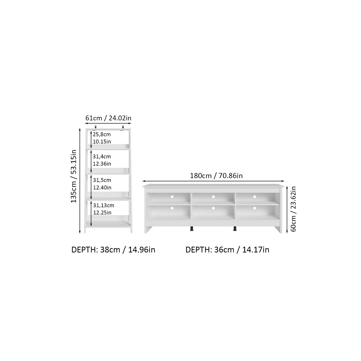 Madesa 2-Piece TV Stand and Ladder Shelf Set: 70" TV Stand with Cable Management and Open Shelves + 24" 5-Tier Ladder Shelf for Storage, Office,