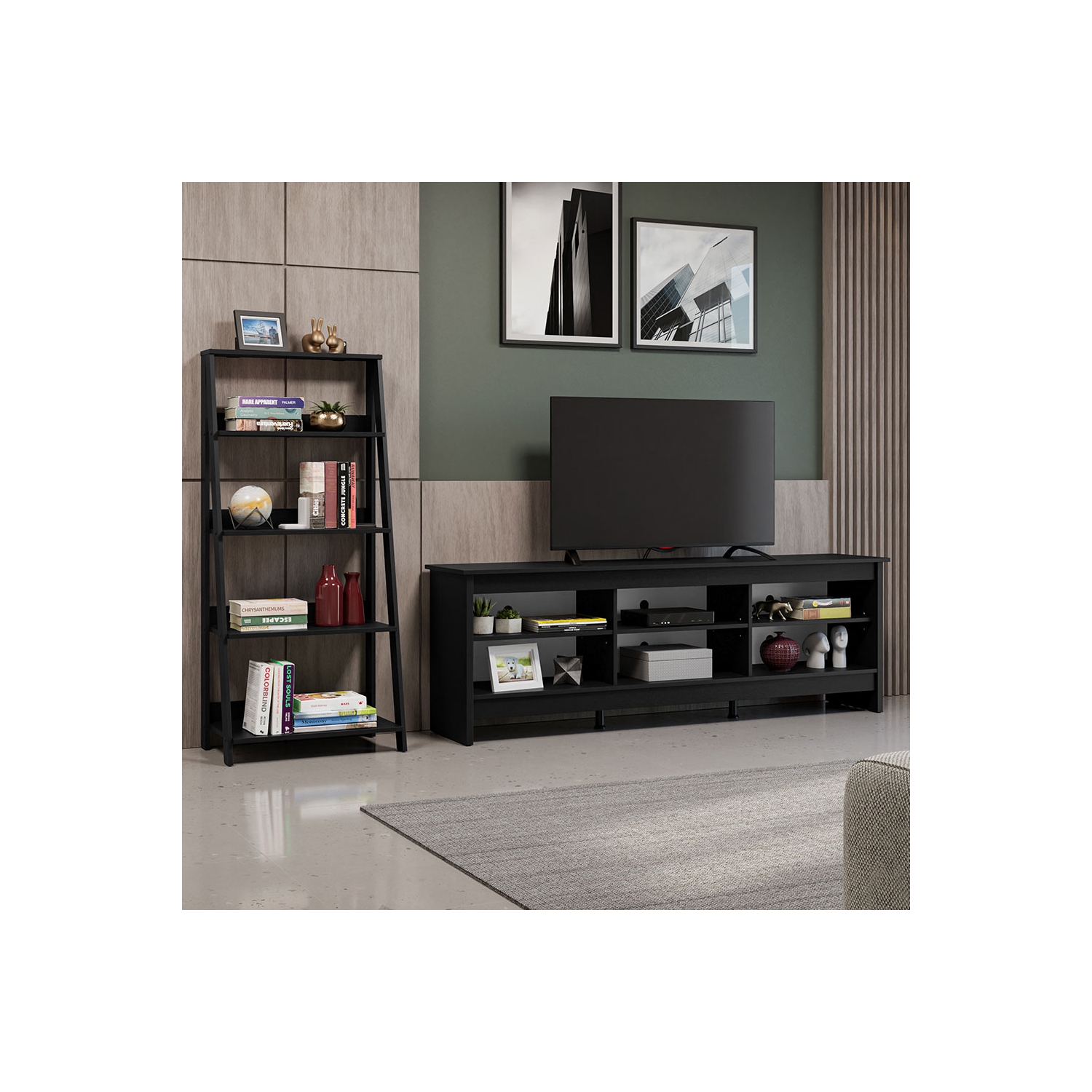 Meuble pour téléviseur à 6 tablettes Madesa de 75 po et moins avec bibliothèque à échelle - Noir
