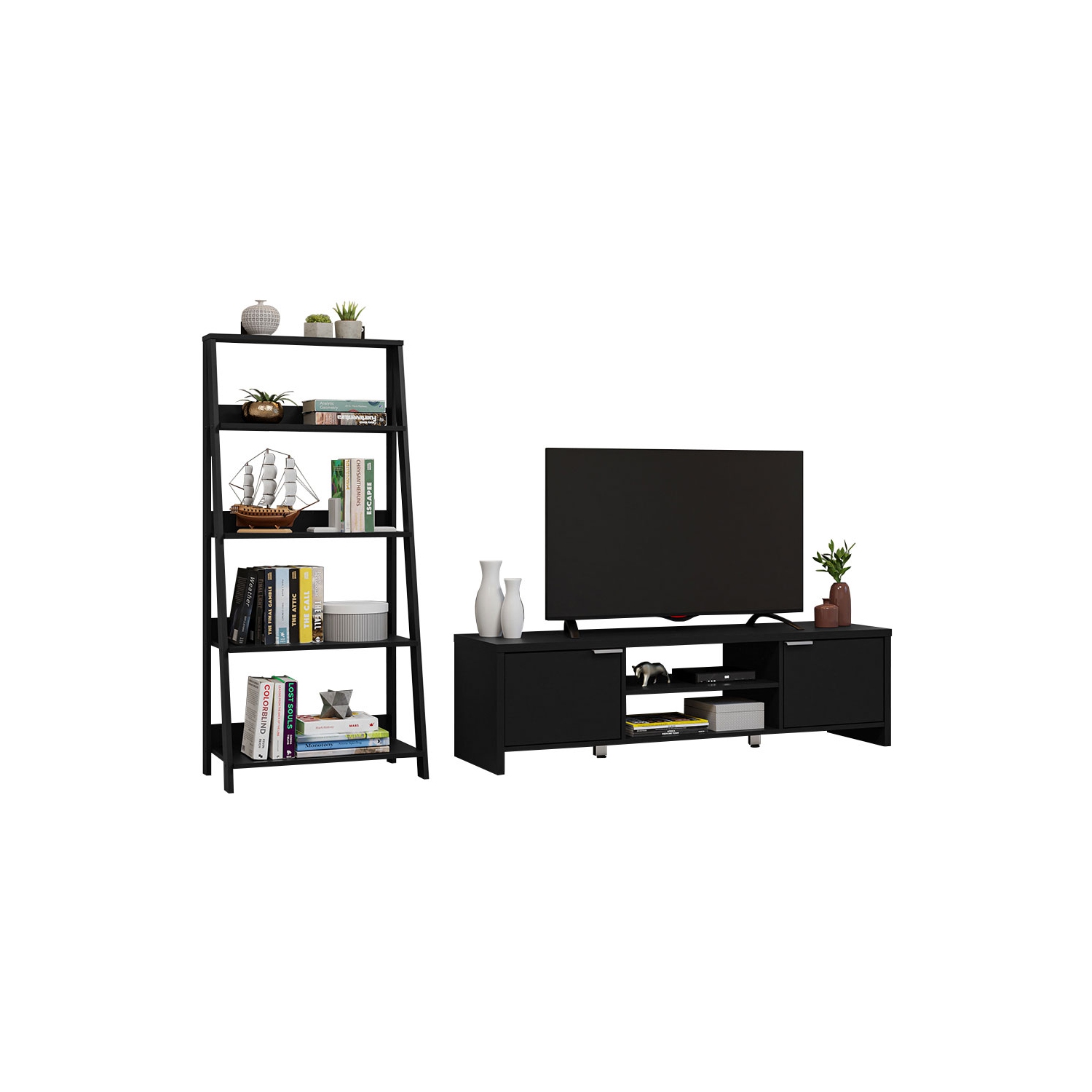Meuble pour téléviseur avec espace de rangement de 65 po et bibliothèque à échelle Madesa - Noir