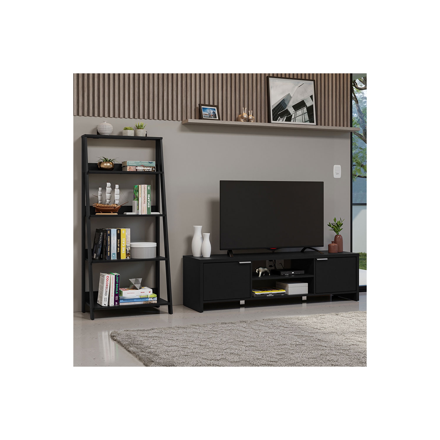 Meuble pour téléviseur avec espace de rangement de 65 po et bibliothèque à échelle Madesa - Noir