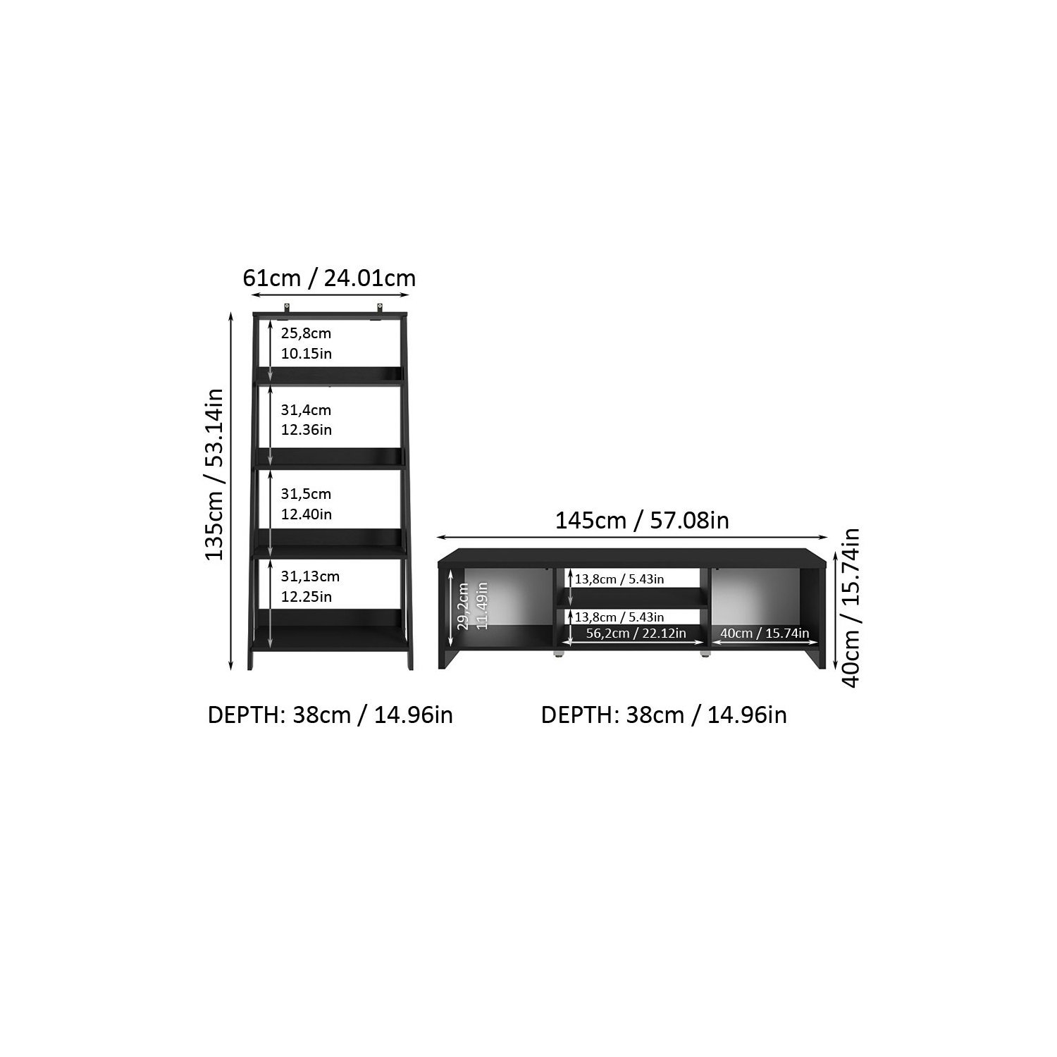 Meuble pour téléviseur avec espace de rangement de 65 po et bibliothèque à échelle Madesa - Noir