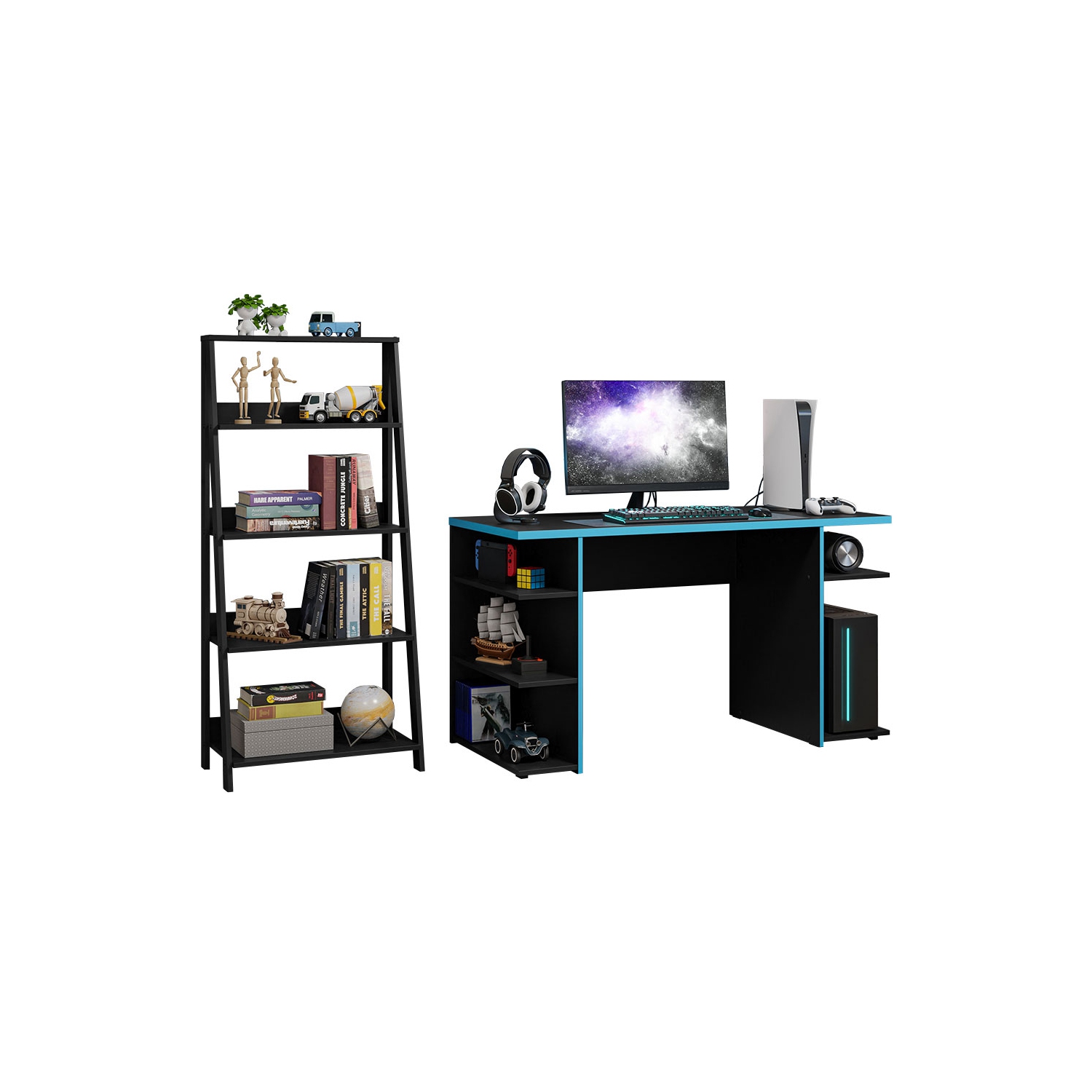 Bibliothèque debout de 53 po + étagère en échelle Gamer de Madesa - Noir/bleu