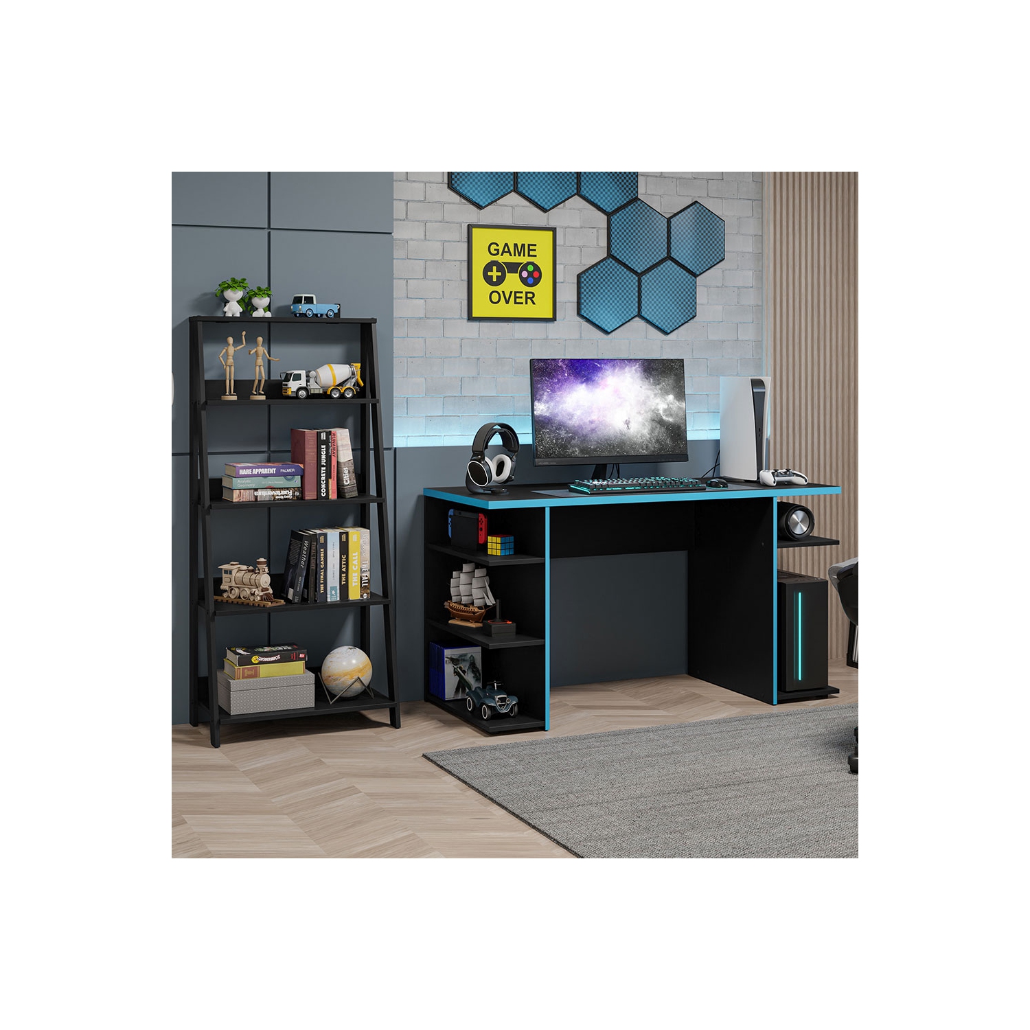 Bibliothèque debout de 53 po + étagère en échelle Gamer de Madesa - Noir/bleu