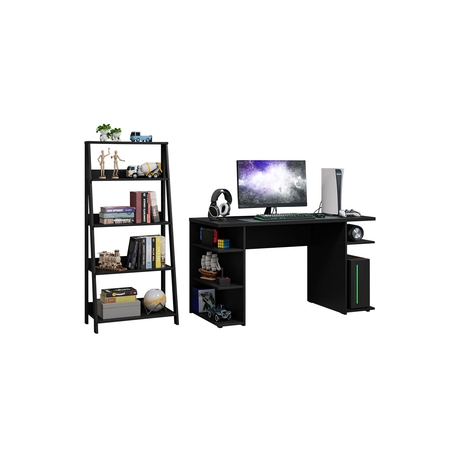 Madesa 2-Piece Desk and Ladder Shelf Set: 53" Gaming Desk with Cable Management + 24" 5-Tier Ladder Shelf for Storage, Office, Gaming and Study –