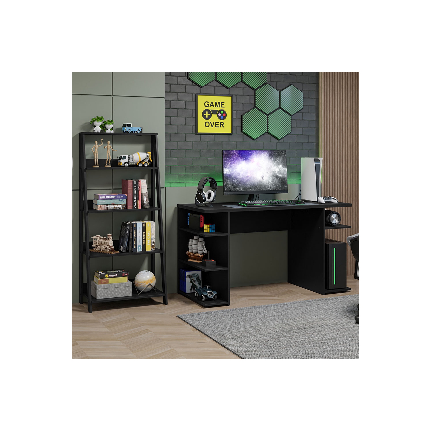 Madesa 2-Piece Desk and Ladder Shelf Set: 53" Gaming Desk with Cable Management + 24" 5-Tier Ladder Shelf for Storage, Office, Gaming and Study –