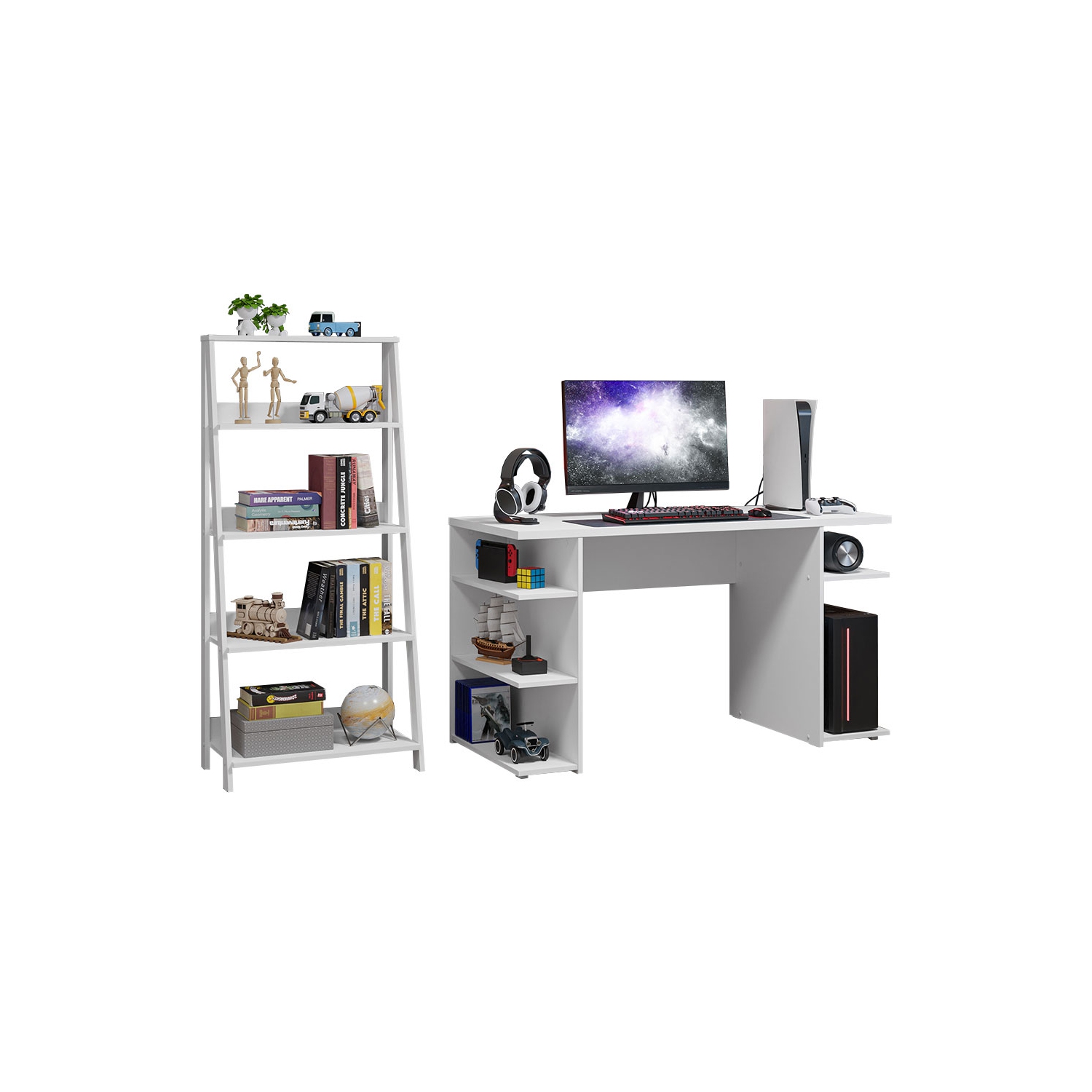 Bibliothèque debout de 53 po et plus avec étagère en échelle Gamer de Madesa - Blanc