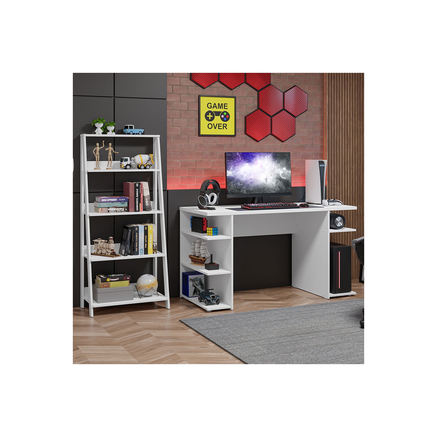 Bibliothèque debout de 53 po et plus avec étagère en échelle Gamer de Madesa - Blanc