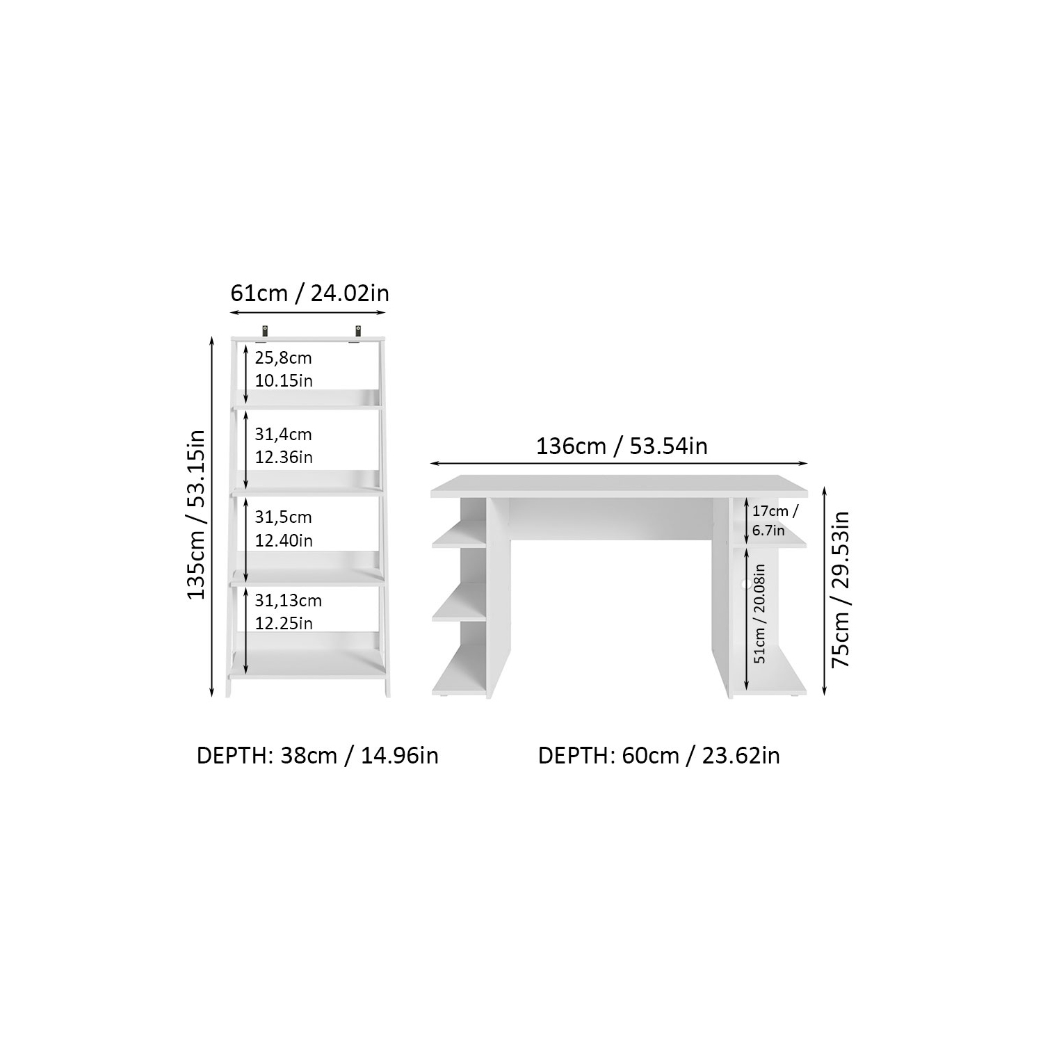Bibliothèque debout de 53 po et plus avec étagère en échelle Gamer de Madesa - Blanc