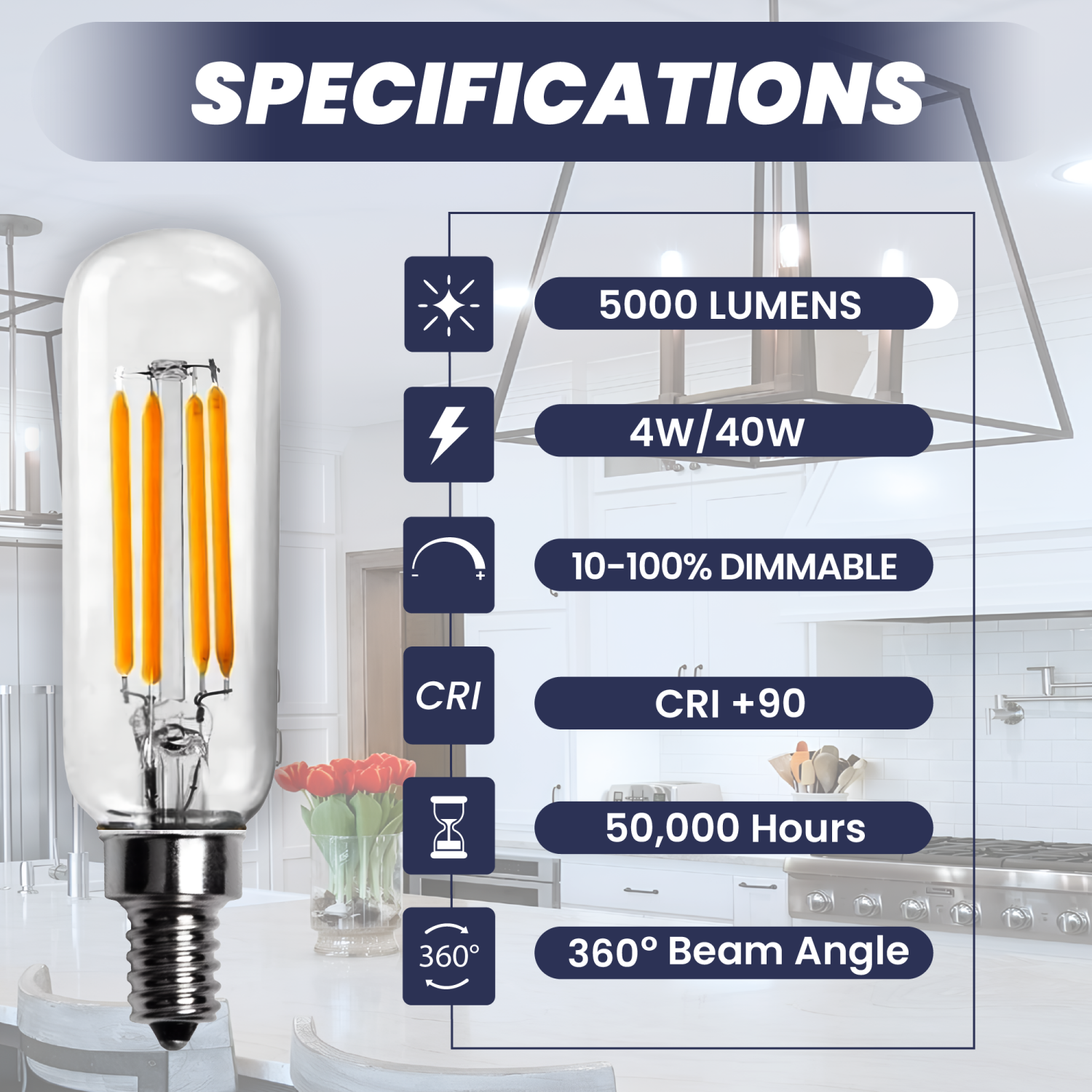 E12 LED Bulb Warm White 2700K T25 400LM 4W, 40W Equivalent, Dimmable Light Bulbs, E12 Candelabra Base for Chandelier Light Bulbs, Ceiling Fan, Wall