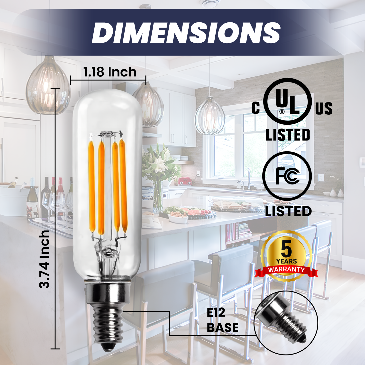 E12 LED Bulb Warm White 2700K T25 400LM 4W, 40W Equivalent, Dimmable Light Bulbs, E12 Candelabra Base for Chandelier Light Bulbs, Ceiling Fan, Wall