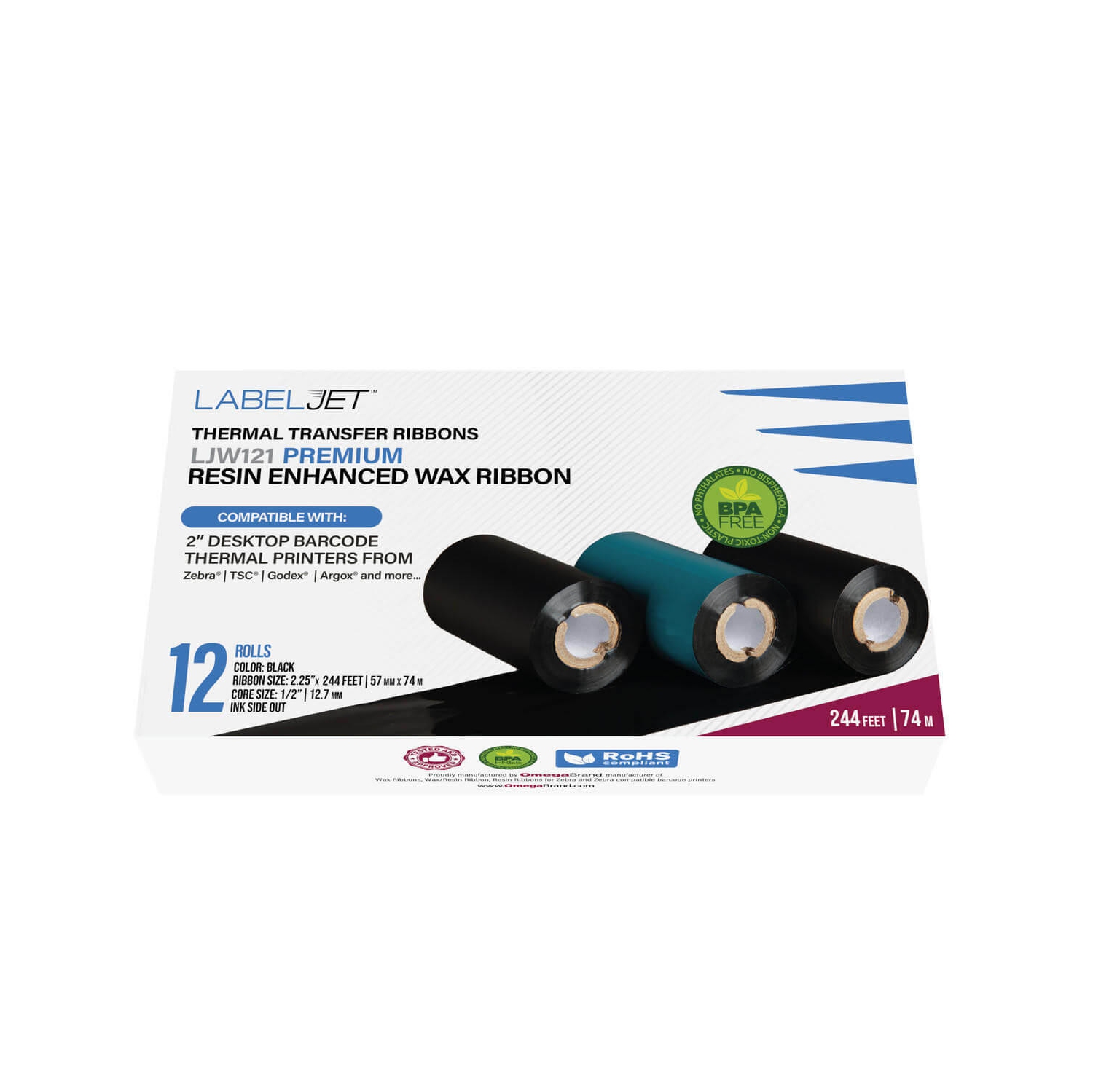 LabelJet 2.25"x 243ft / 57mm x 74m Black LJW121 Wax Ribbon for 2-inch Desktop Printer 12 Pack