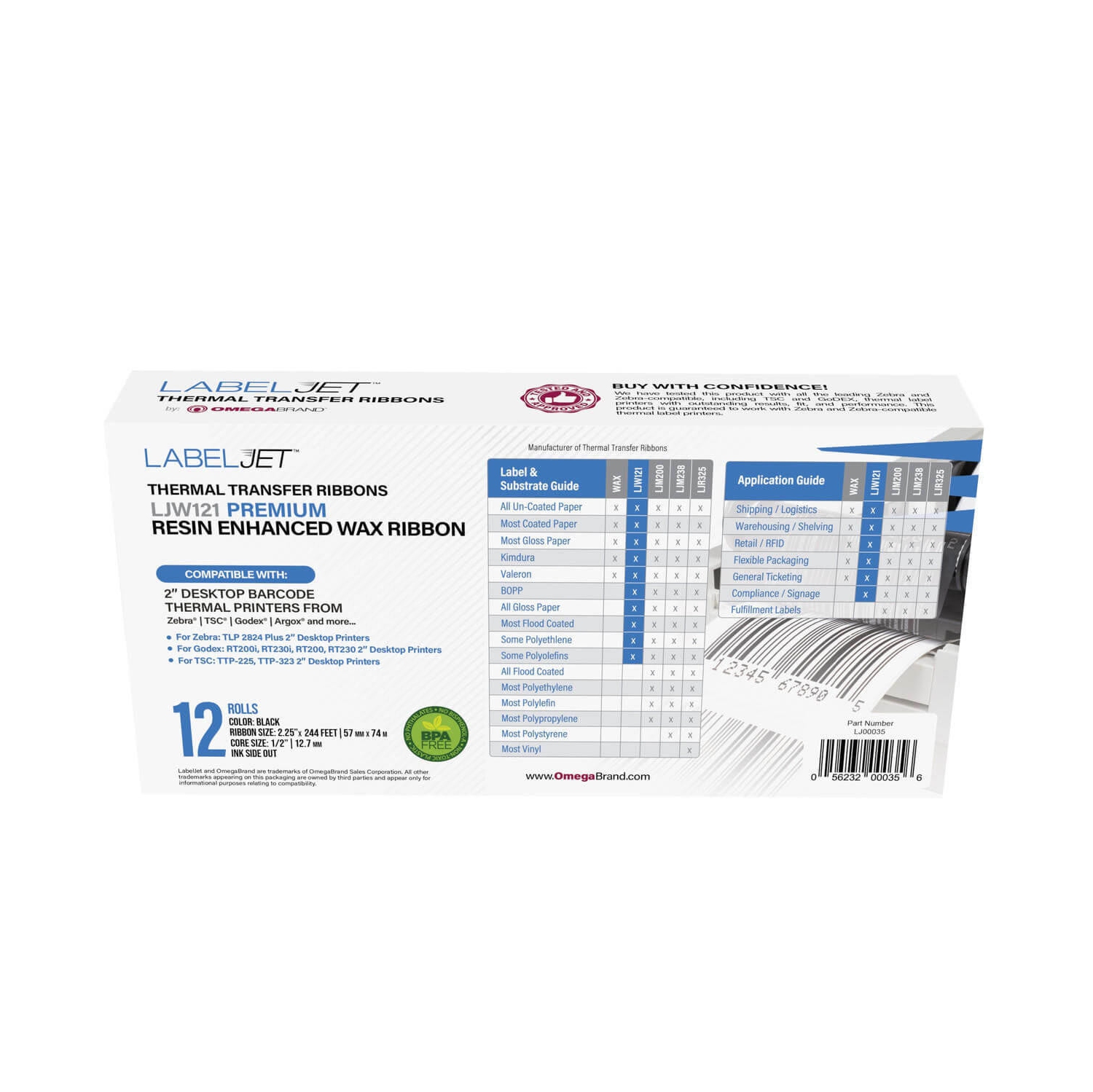 LabelJet 2.25"x 243ft / 57mm x 74m Black LJW121 Wax Ribbon for 2-inch Desktop Printer 12 Pack