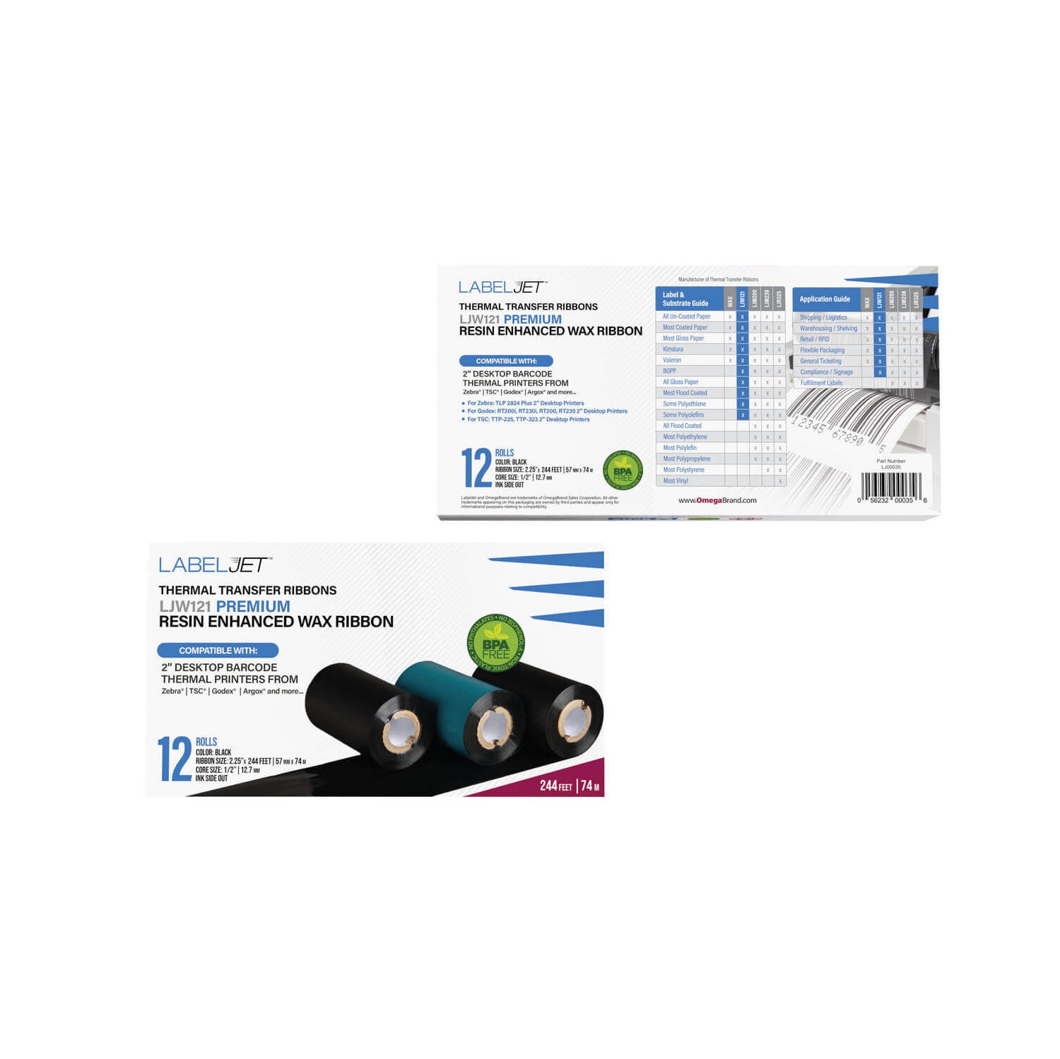 LabelJet 2.25"x 243ft / 57mm x 74m Black LJW121 Wax Ribbon for 2-inch Desktop Printer 12 Pack