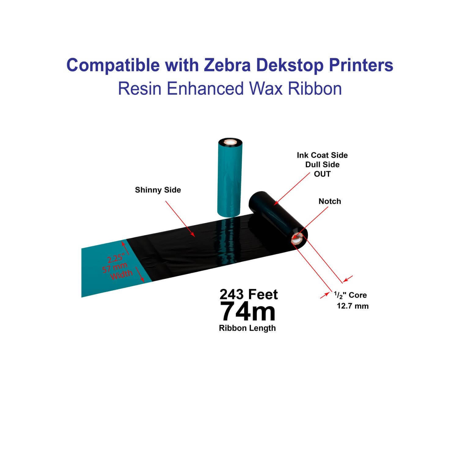 LabelJet 2.25"x 243ft / 57mm x 74m Black LJW121 Wax Ribbon for 2-inch Desktop Printer 12 Pack