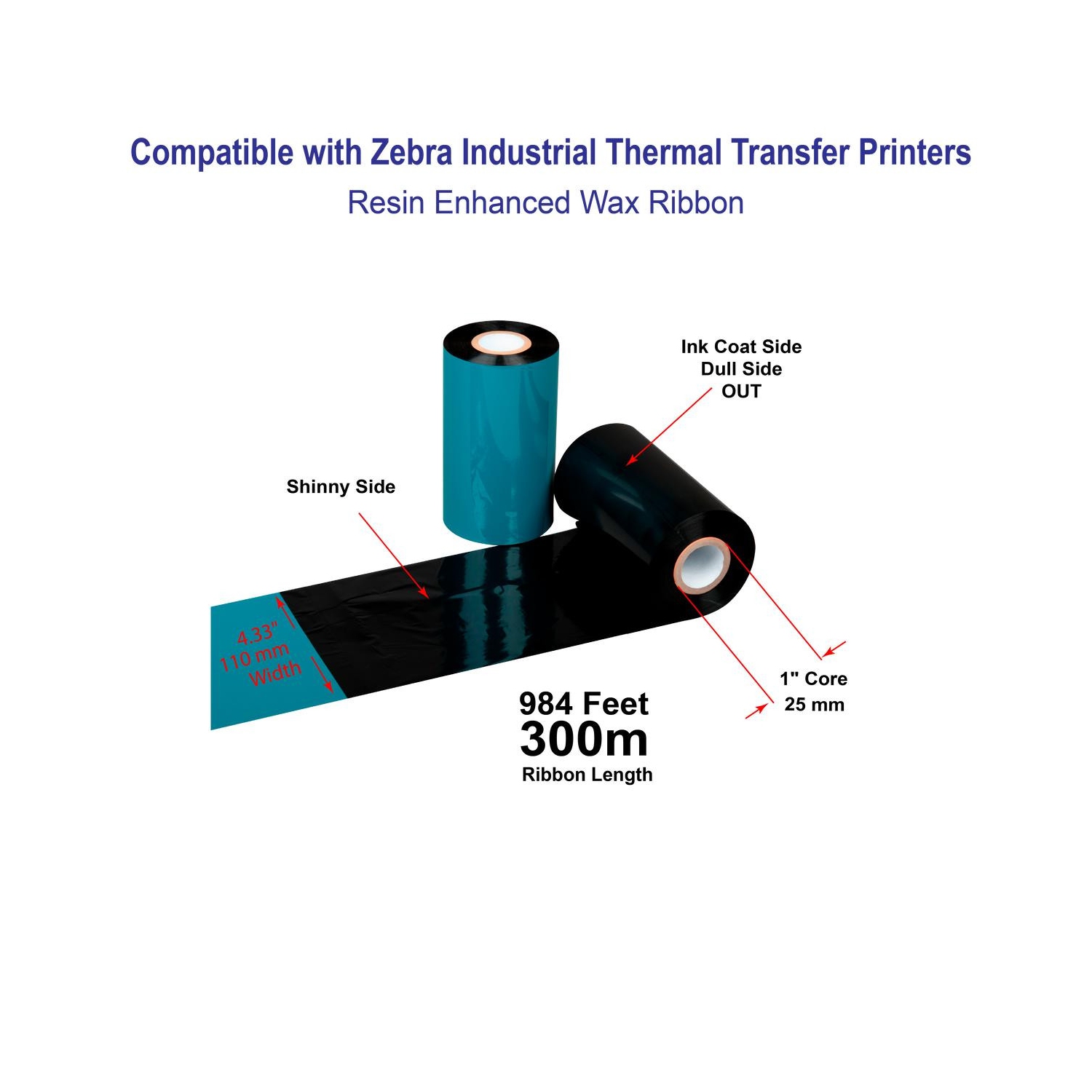 LabelJET 4.33" x 984ft / 110mm x 300m Black LJW121 Wax Ribbon For 4-Inch Desktop Printers 12/Rolls For Zebra, TSC, Godex 4-Inch Themral printers