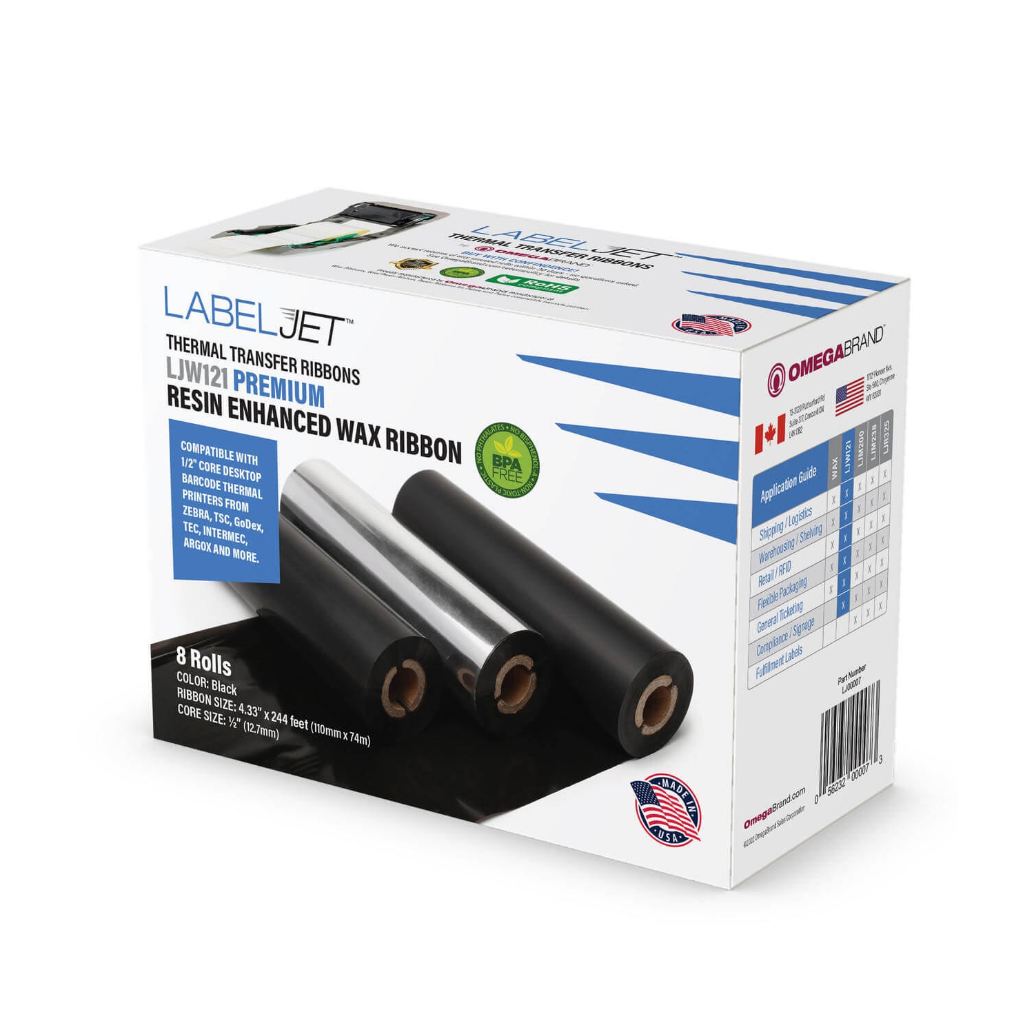 LabelJet 4.33" x 244ft / 110mm x 74m Black LJW121 Wax Ribbon For 4-Inch Desktop Printers 8/Rolls