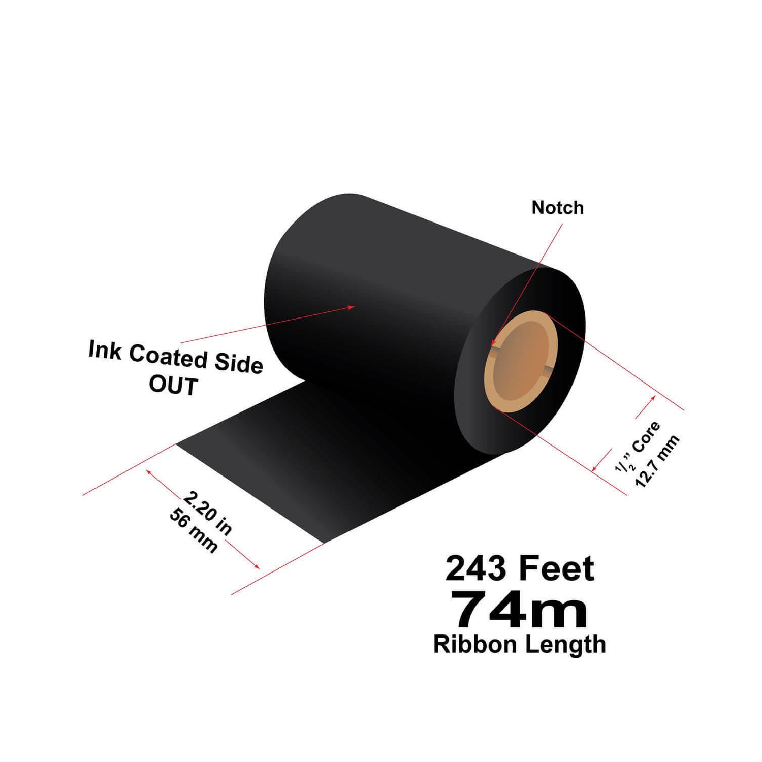 LabelJet 2.2"x 243ft / 56mm x 74m Black LJR325 Resin Thermal Transfer Ribbon For 2-Inch Desktop Printer 12/Roll