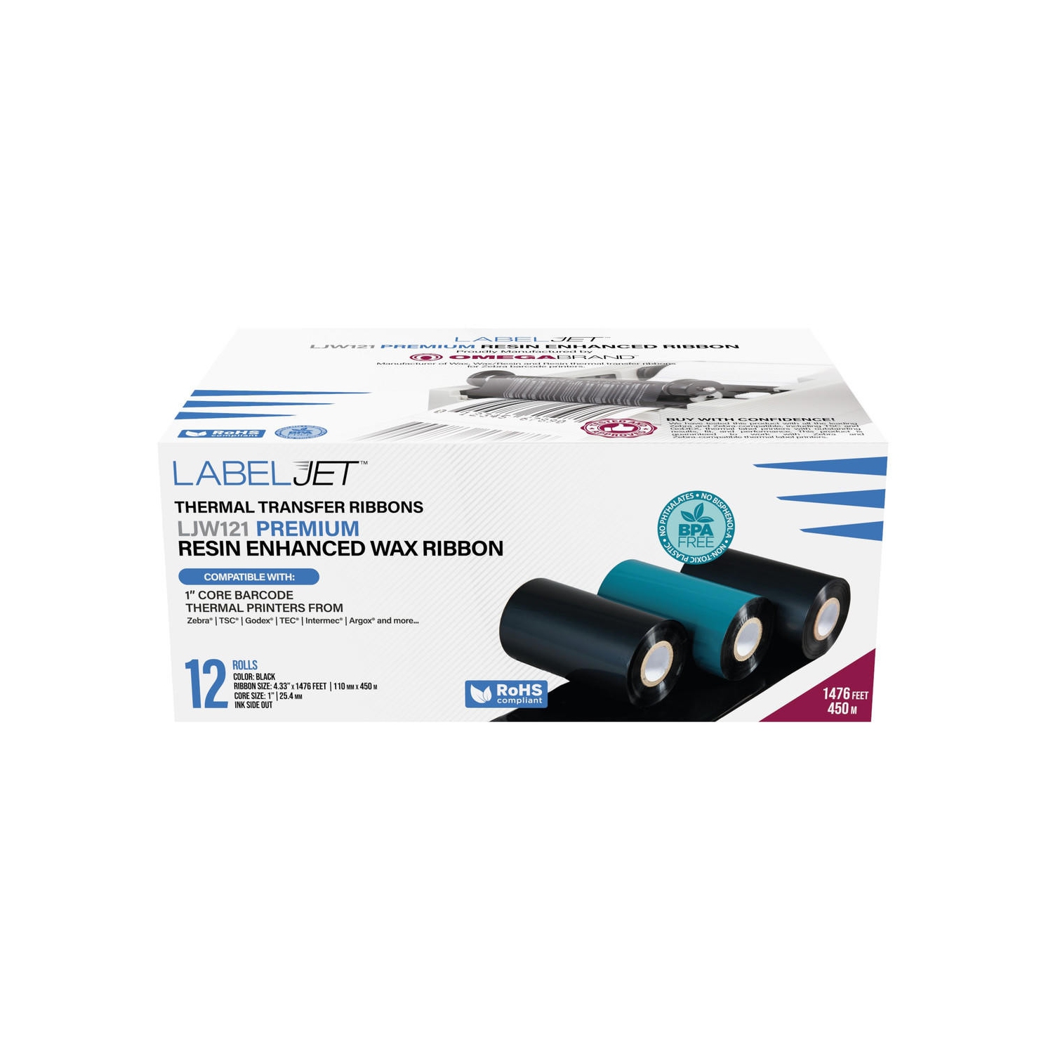 LabelJET 4.33" x 1476ft / 110mm x 450m Black LJW121 Wax Ribbon For Zebra Industrial Printers 12/Rolls