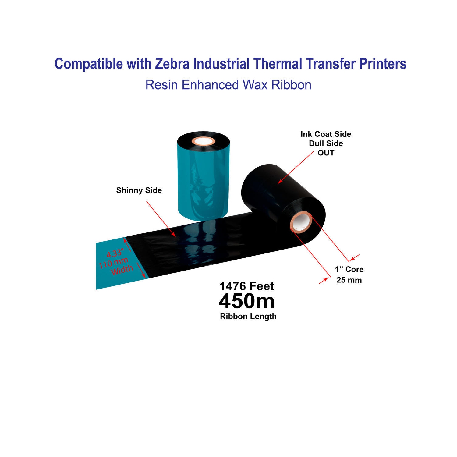 LabelJET 4.33" x 1476ft / 110mm x 450m Black LJW121 Wax Ribbon For Zebra Industrial Printers 12/Rolls