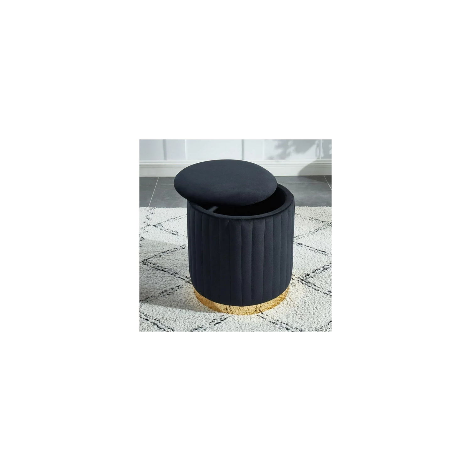 Pouf rond en velours Charlotte avec base dorée, noir