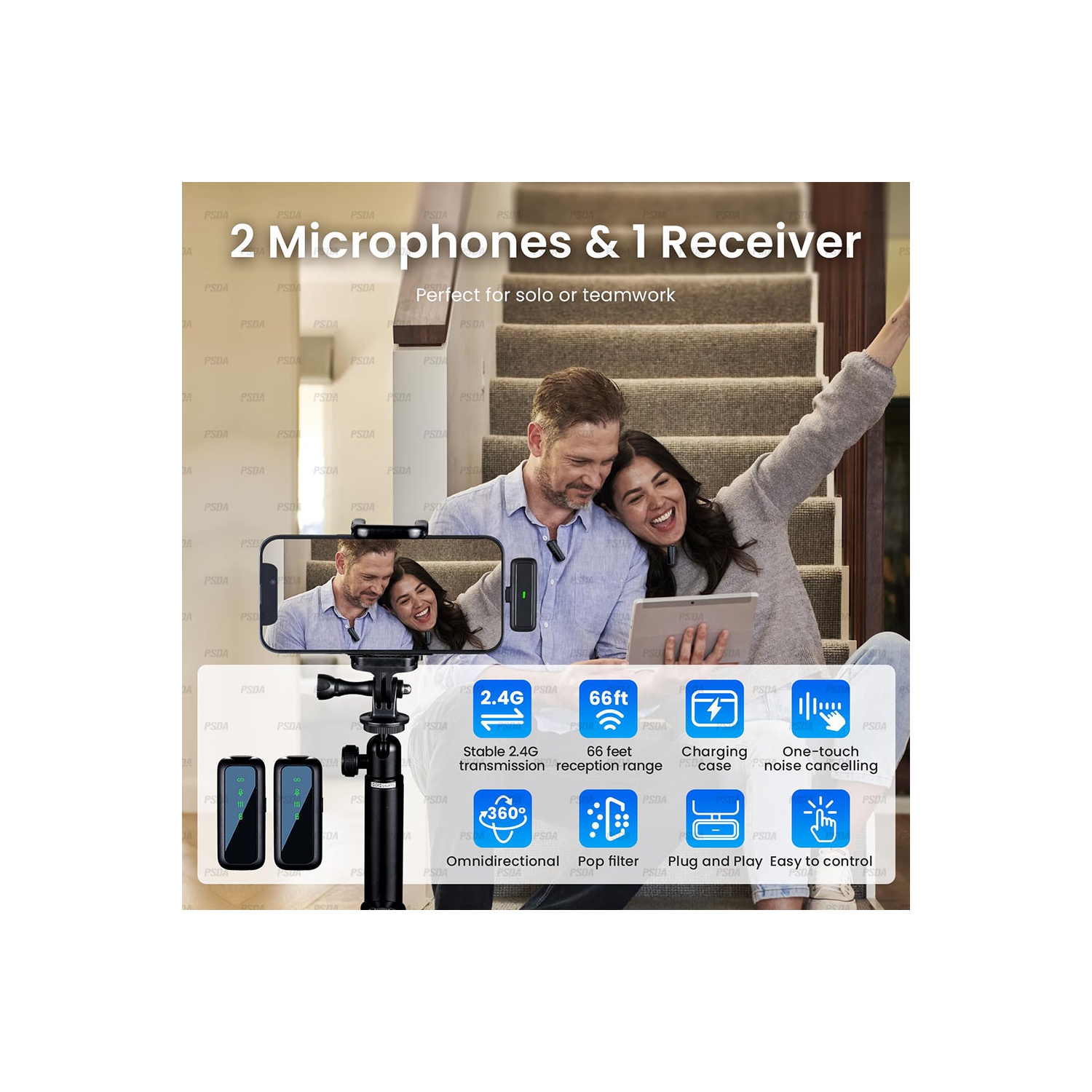 Wireless Microphone Bundle for iPhone with 2 Mini Mics 1 Receptor & Charging Base Great Lavalier Mic for TikTok Podcast Video