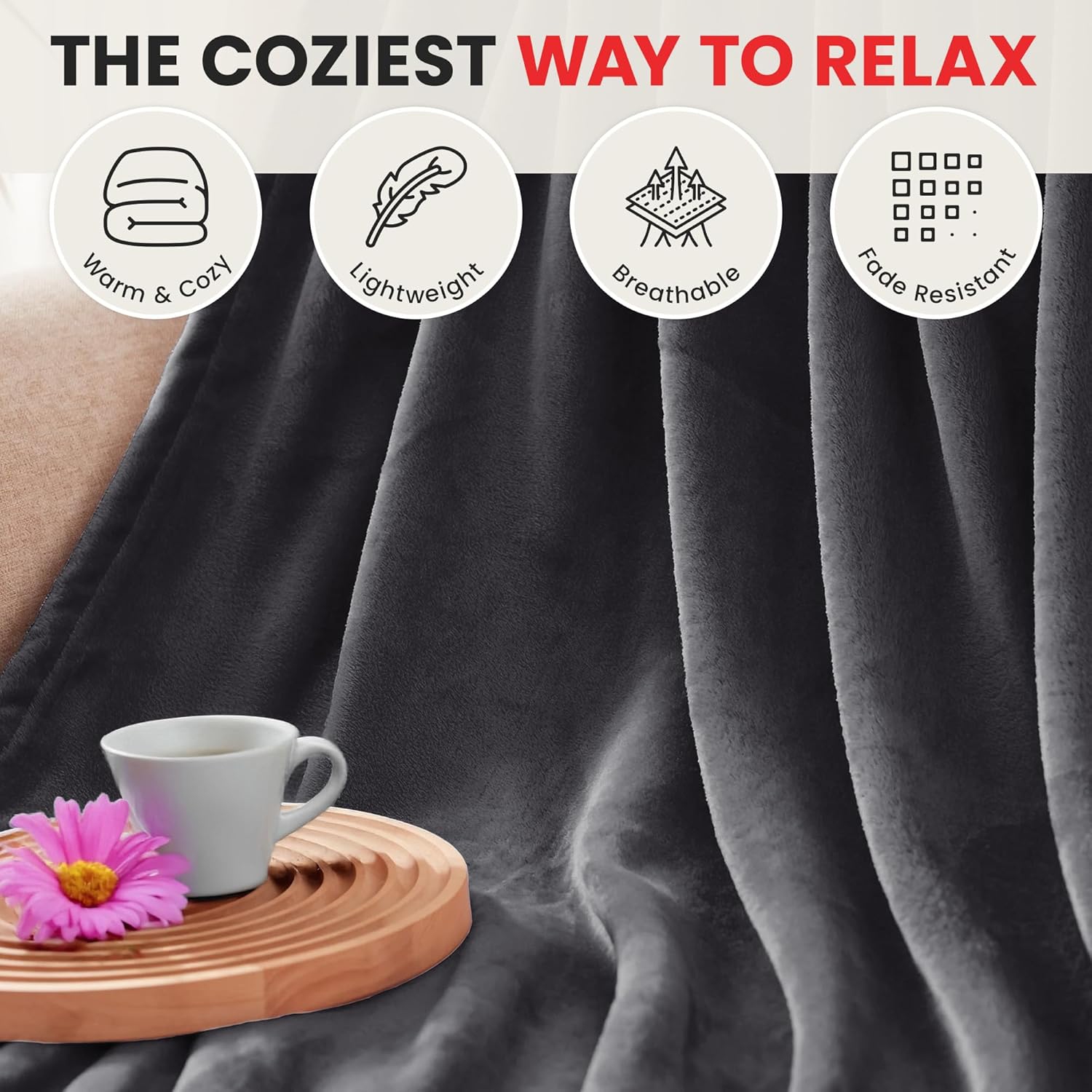 Couverture molletonnée en flanelle de lin canadien, 54 x 90 po, légère, en peluche ultra-douce anti-humidité, gris foncé