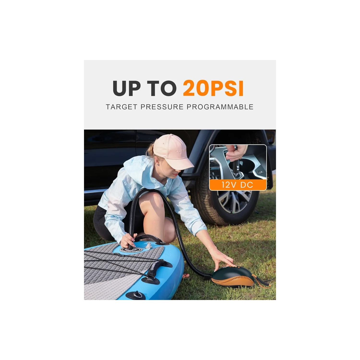 20PSI High Pressure SUP Air Pump The Dolphin | Quick Inflator & Auto-Off, 12V DC Car Connector