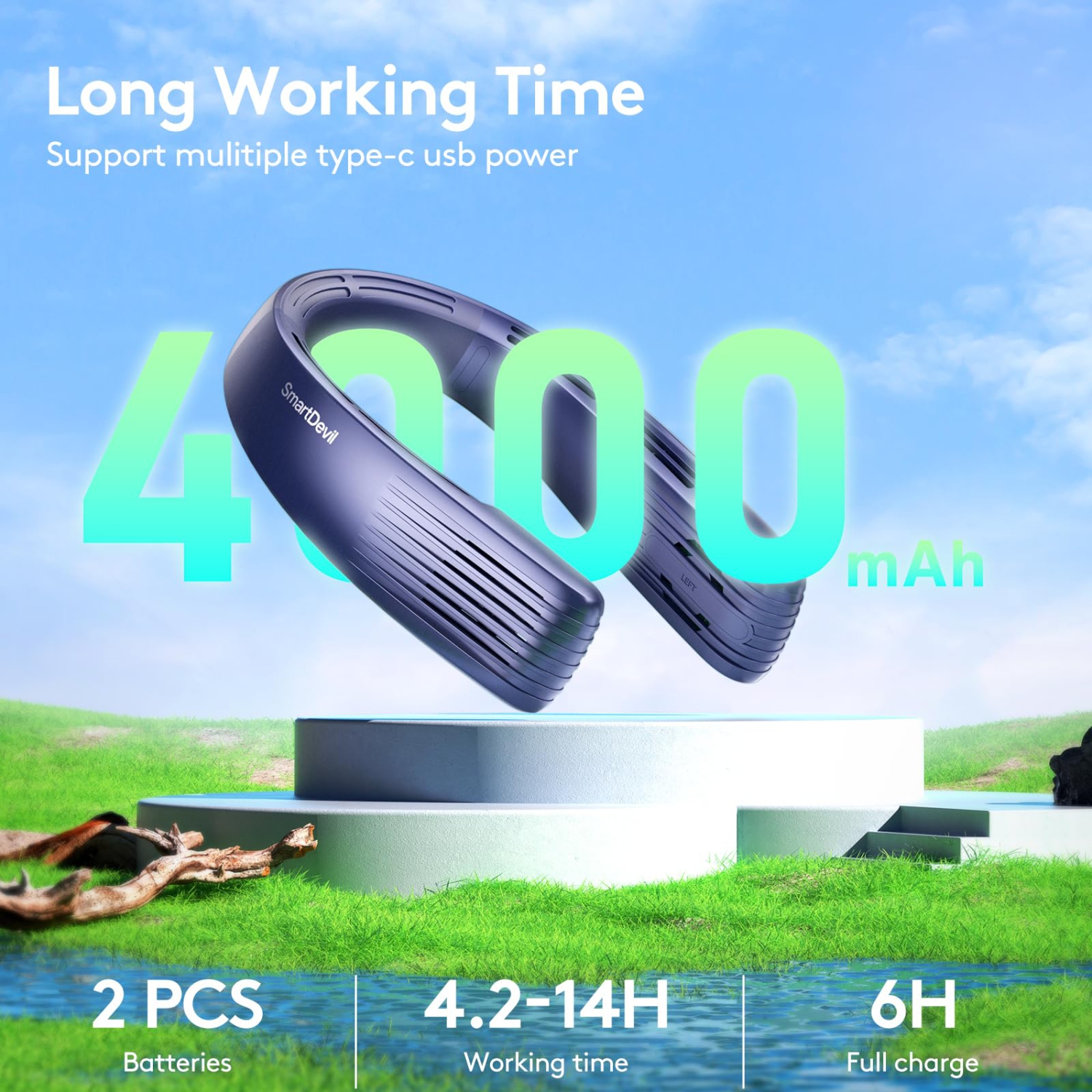 4000mAh Rechargeable Portable Neck Fan, Bladeless Neck Fan, Personal Wearable Fan with Upgraded Air Volume, 3 Speeds, 360° Cooling, for Travel,