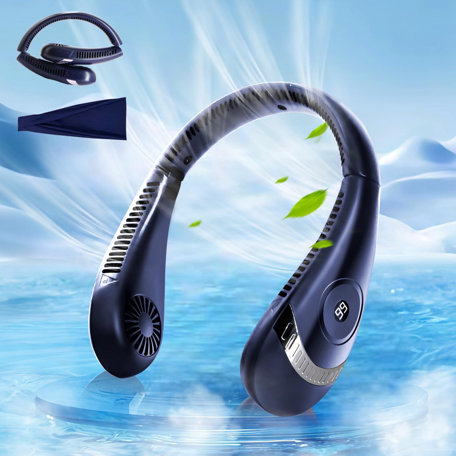 Ventilateur de cou rechargeable, ventilateur de cou portatif sans pales 5000&nbsp;mAh, pliable, 3 vitesses, portable, mains-avec écran DEL pour les