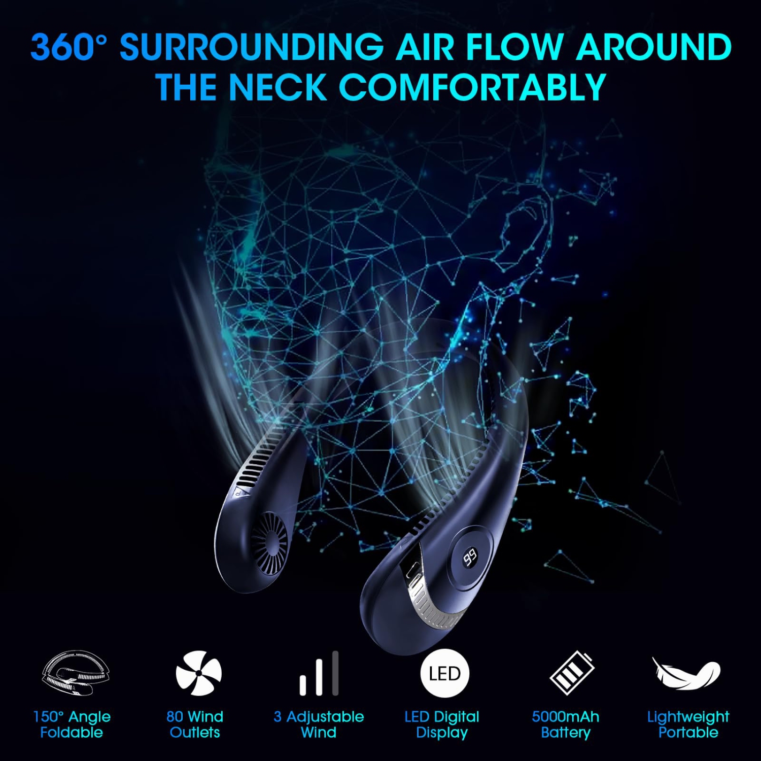 Ventilateur de cou rechargeable, ventilateur de cou portatif sans pales 5000 mAh, pliable, 3 vitesses, portable, mains-avec écran DEL pour les