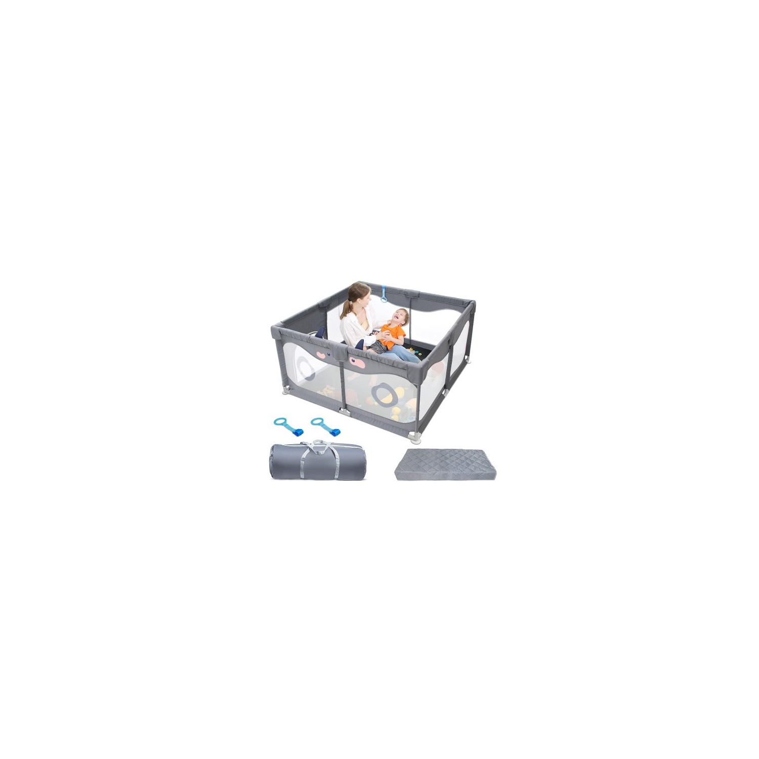 Baby Playpen with Mat, 50" x 50" x 27" Play Yard with Washable Playmat, Pull Rings, Storage Bag for Babies, Toddlers