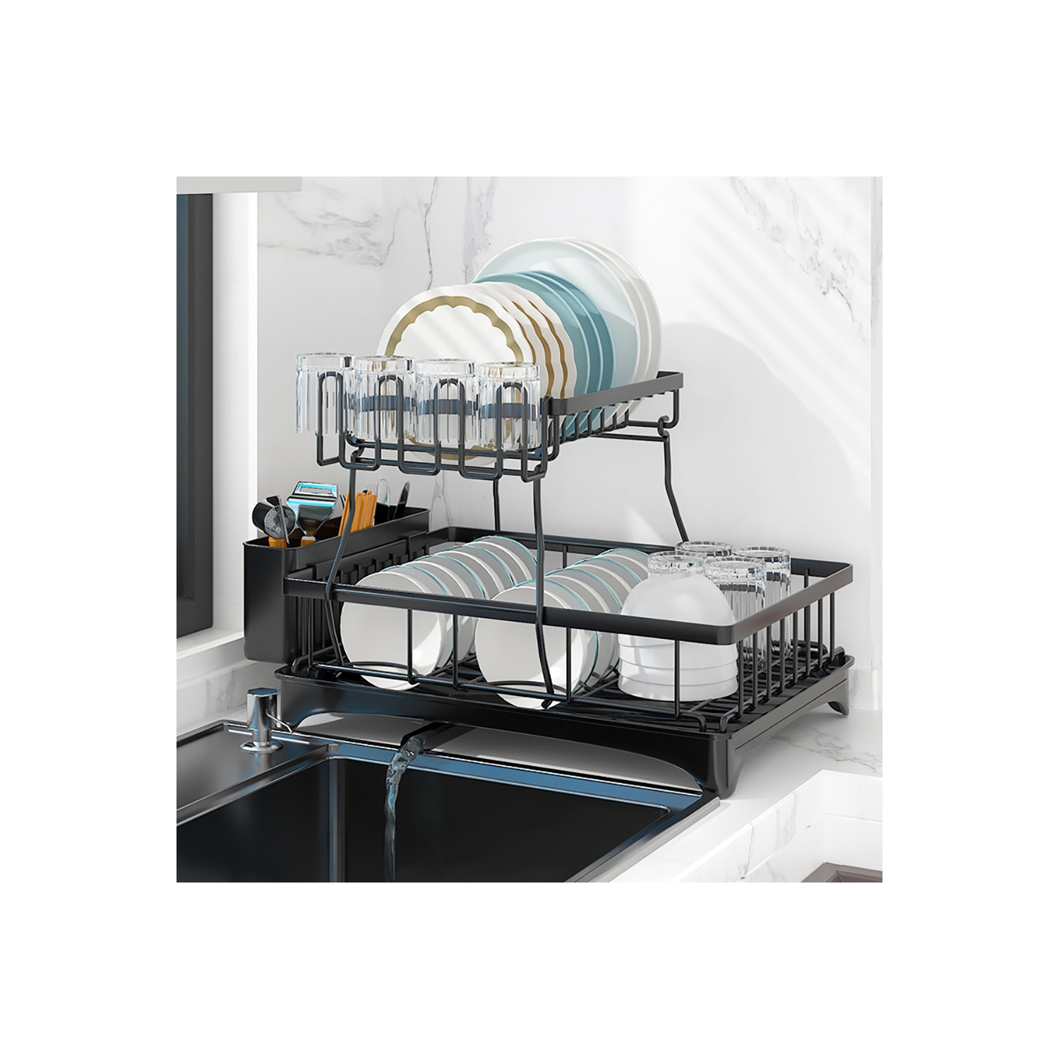 axGear Dish Rack Sink Rack Drain Strainer Basket 2-Tier Drying Kitchen Over the Sink