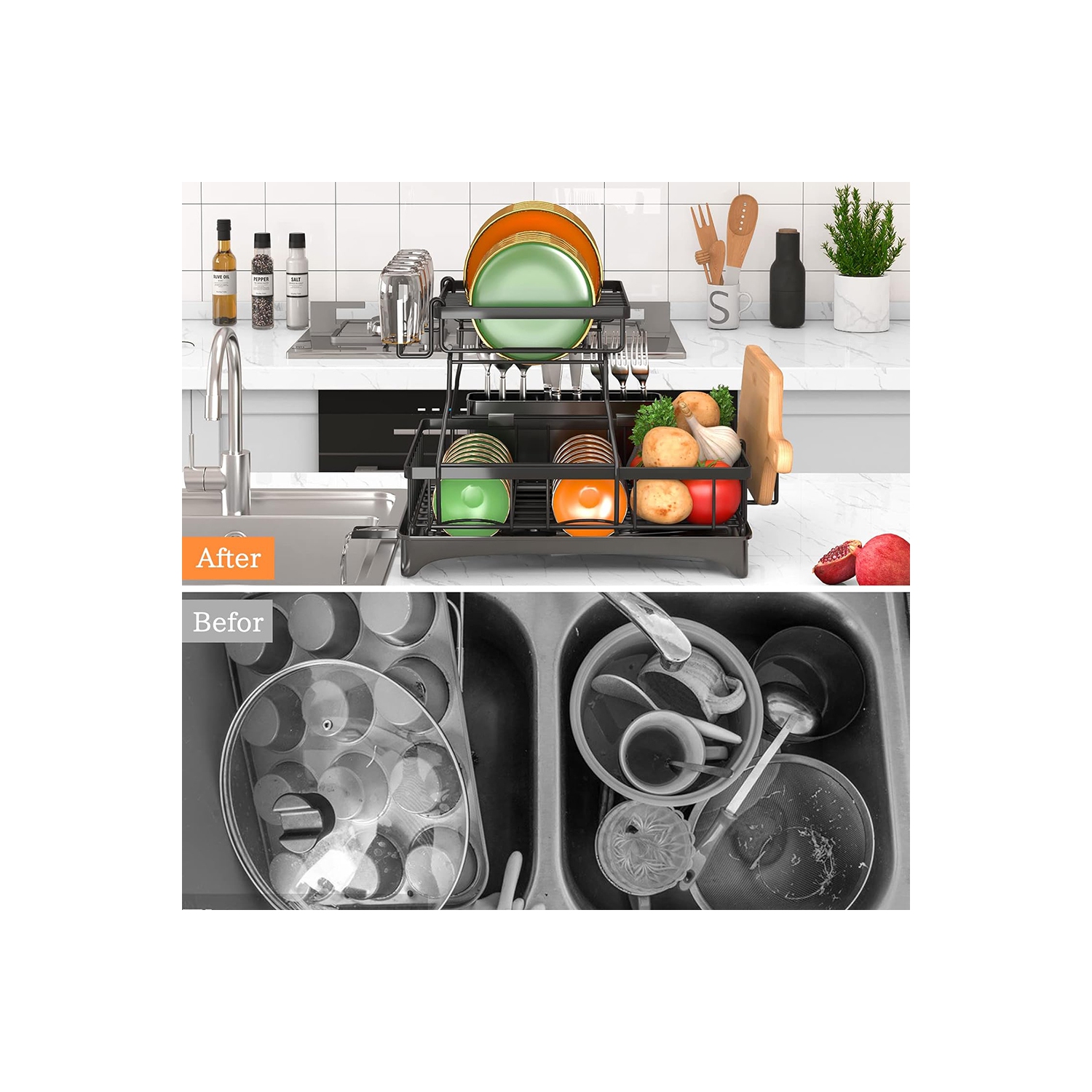 axGear Dish Rack Sink Rack Drain Strainer Basket 2-Tier Drying Kitchen Over the Sink