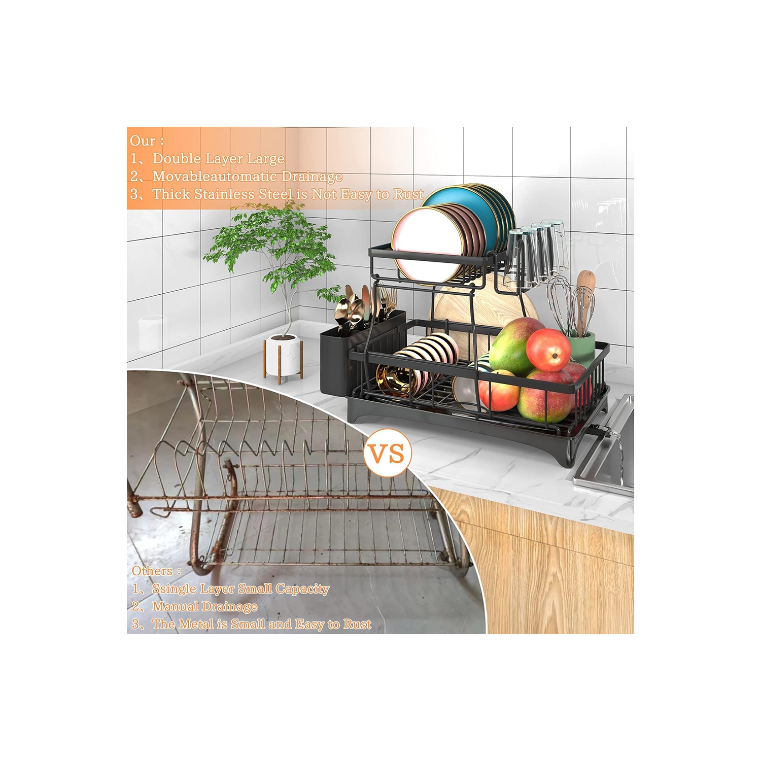 axGear Dish Rack Sink Rack Drain Strainer Basket 2-Tier Drying Kitchen Over the Sink