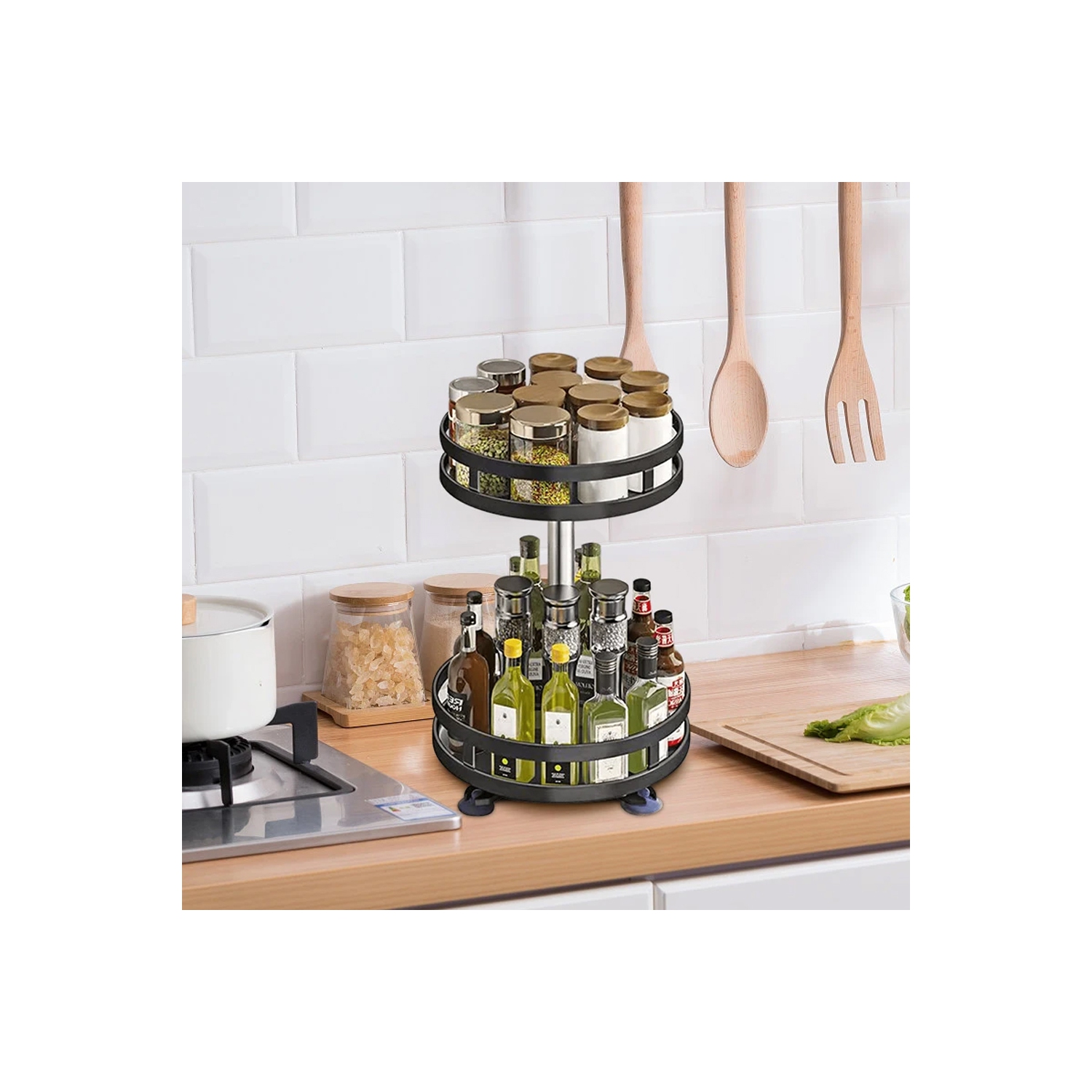 axGear Lazy Susan Spice Rack Organizer 2 Tier Rotate Height Adjustable Kitchen Counter