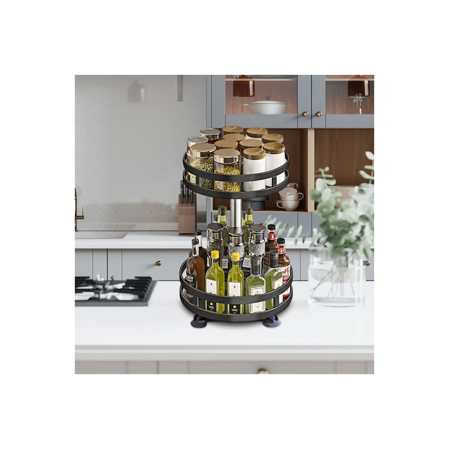 axGear Lazy Susan Spice Rack Organizer 2 Tier Rotate Height Adjustable Kitchen Counter