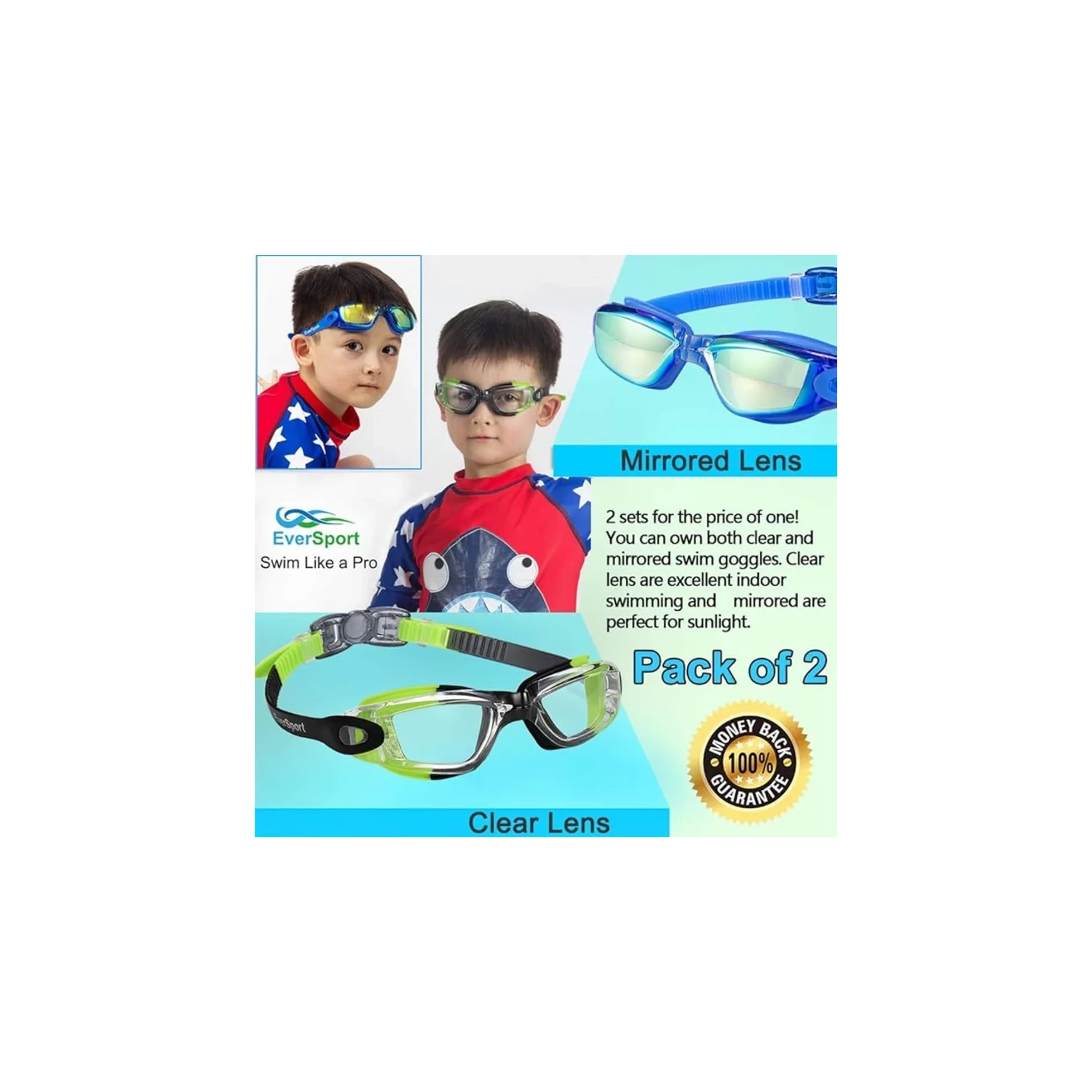 Kids Swim Goggles 2 Pack, Anti-Fog, Anti-UV Swimming Goggles for Children, Teens, Youth