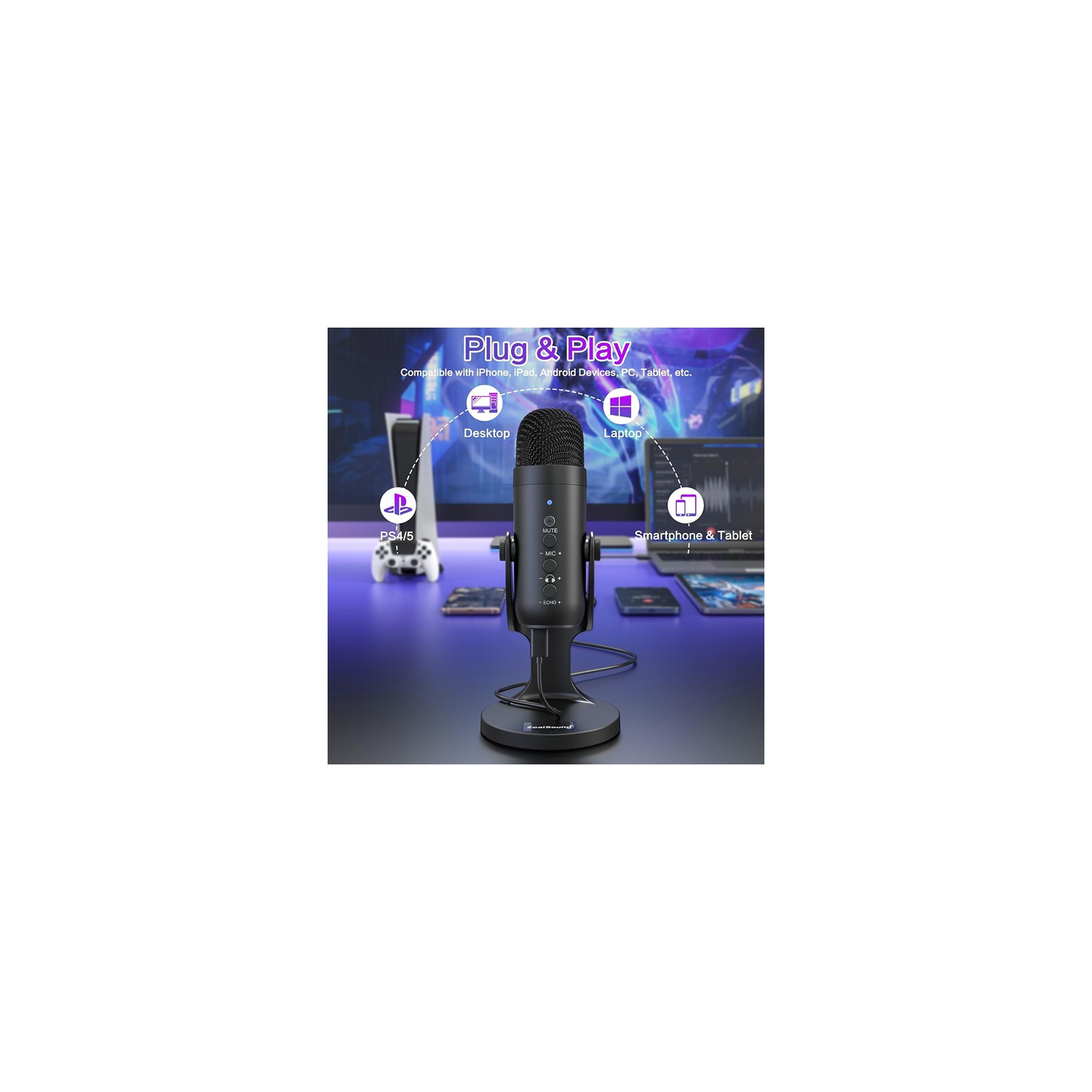 ZealSound ‎4.01 x 4.01 x 15.49 cm USB Microphone, Condenser Phone Computer PC Mic Kit Plug and Play Gaming Microphones for PS4 and PS5 Black
