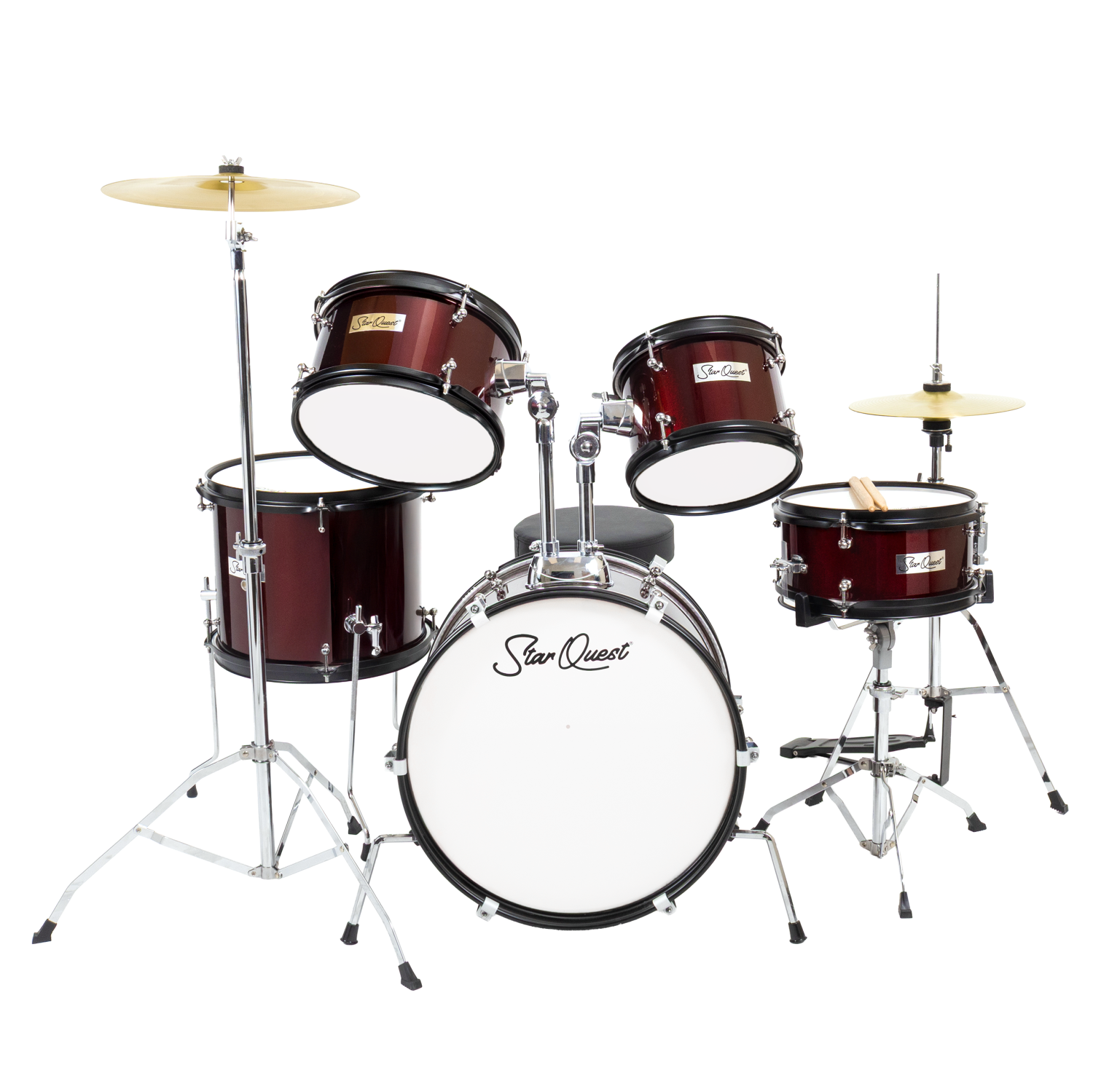 StarQuest Junior 5-Piece Drum Set, Metallic Wine Red Finish with Bass, Snare, 2x Toms, Floor tom, High Hats and Crash Cymbal, Perfect for Young