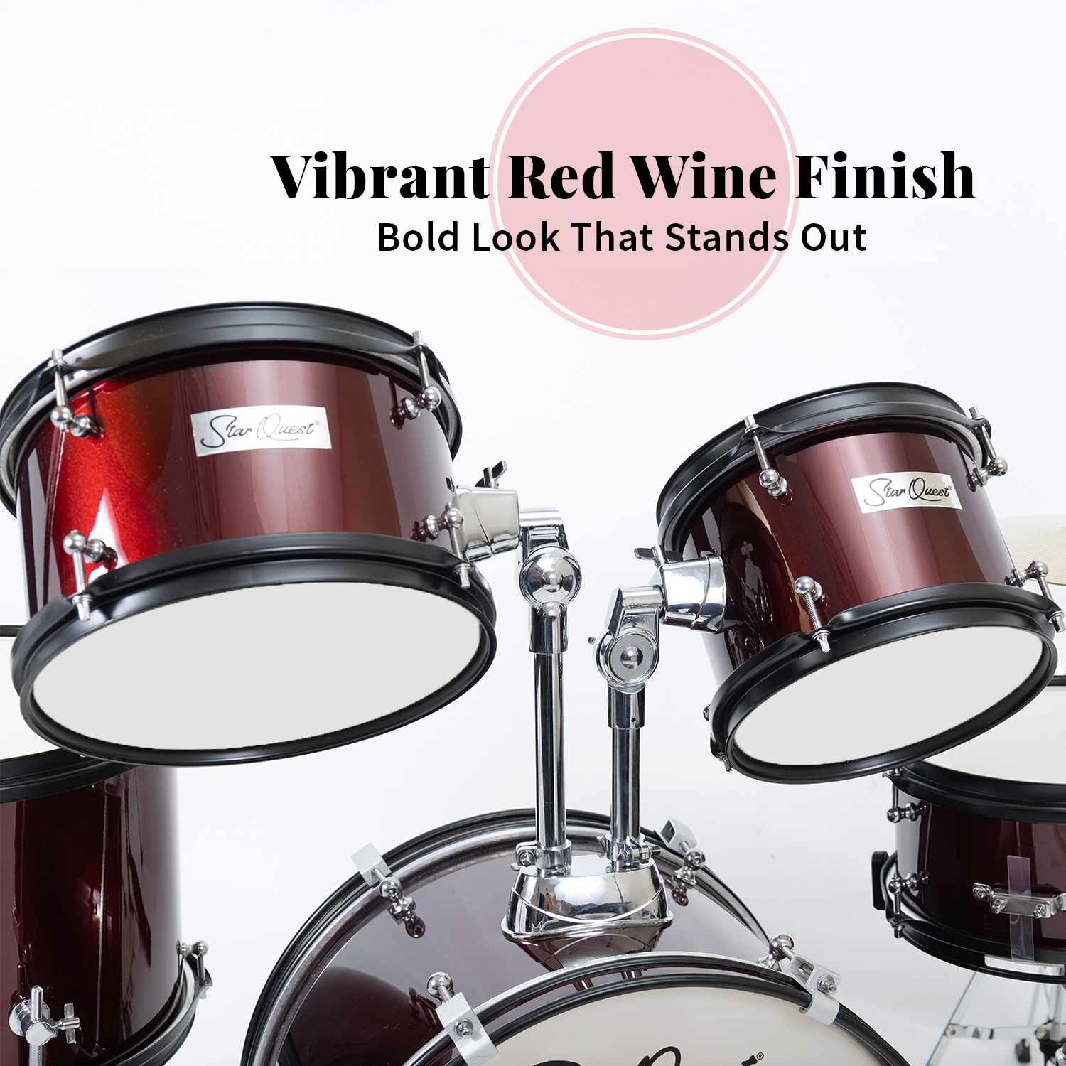 StarQuest Junior 5-Piece Drum Set, Metallic Wine Red Finish with Bass, Snare, 2x Toms, Floor tom, High Hats and Crash Cymbal, Perfect for Young