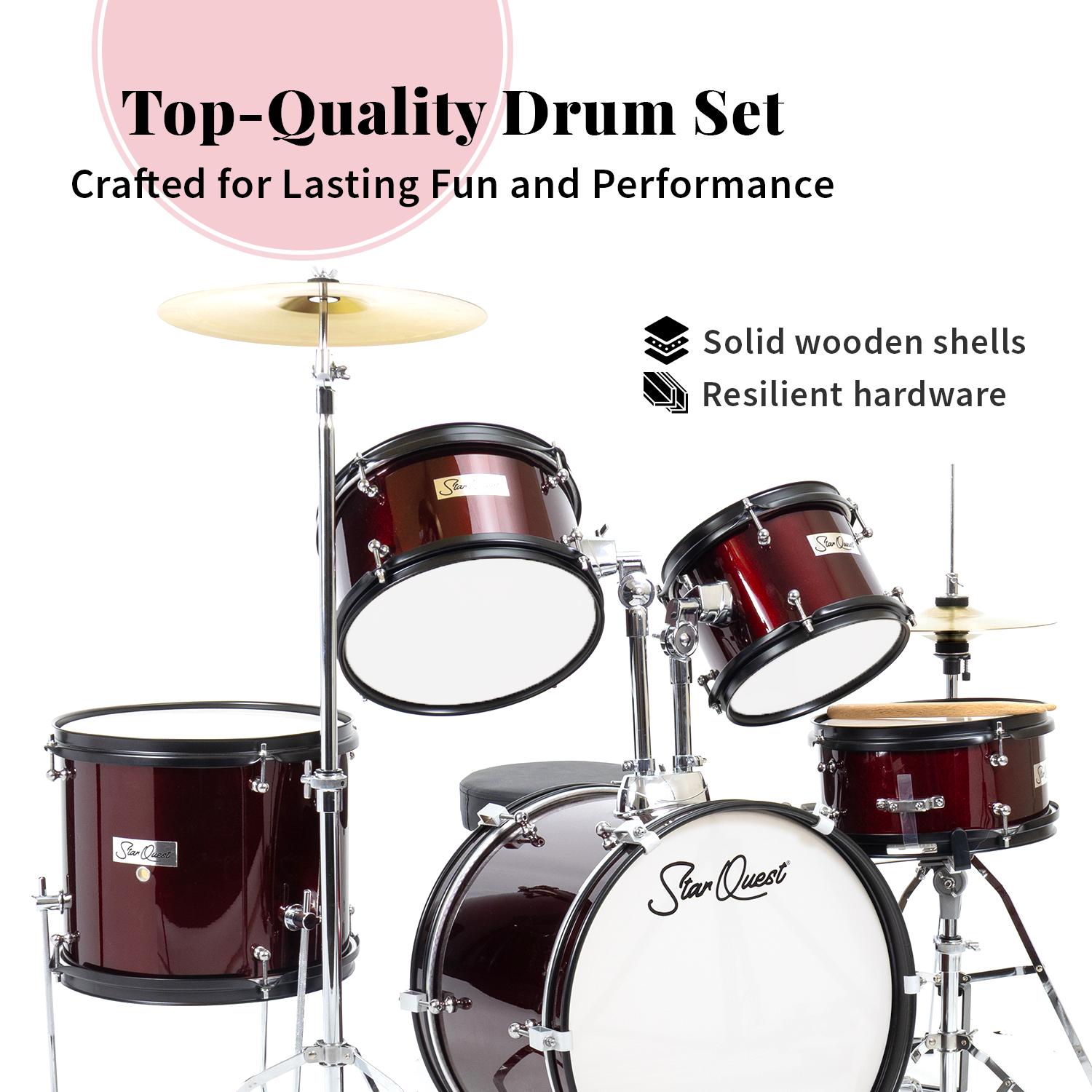 StarQuest Junior 5-Piece Drum Set, Metallic Wine Red Finish with Bass, Snare, 2x Toms, Floor tom, High Hats and Crash Cymbal, Perfect for Young