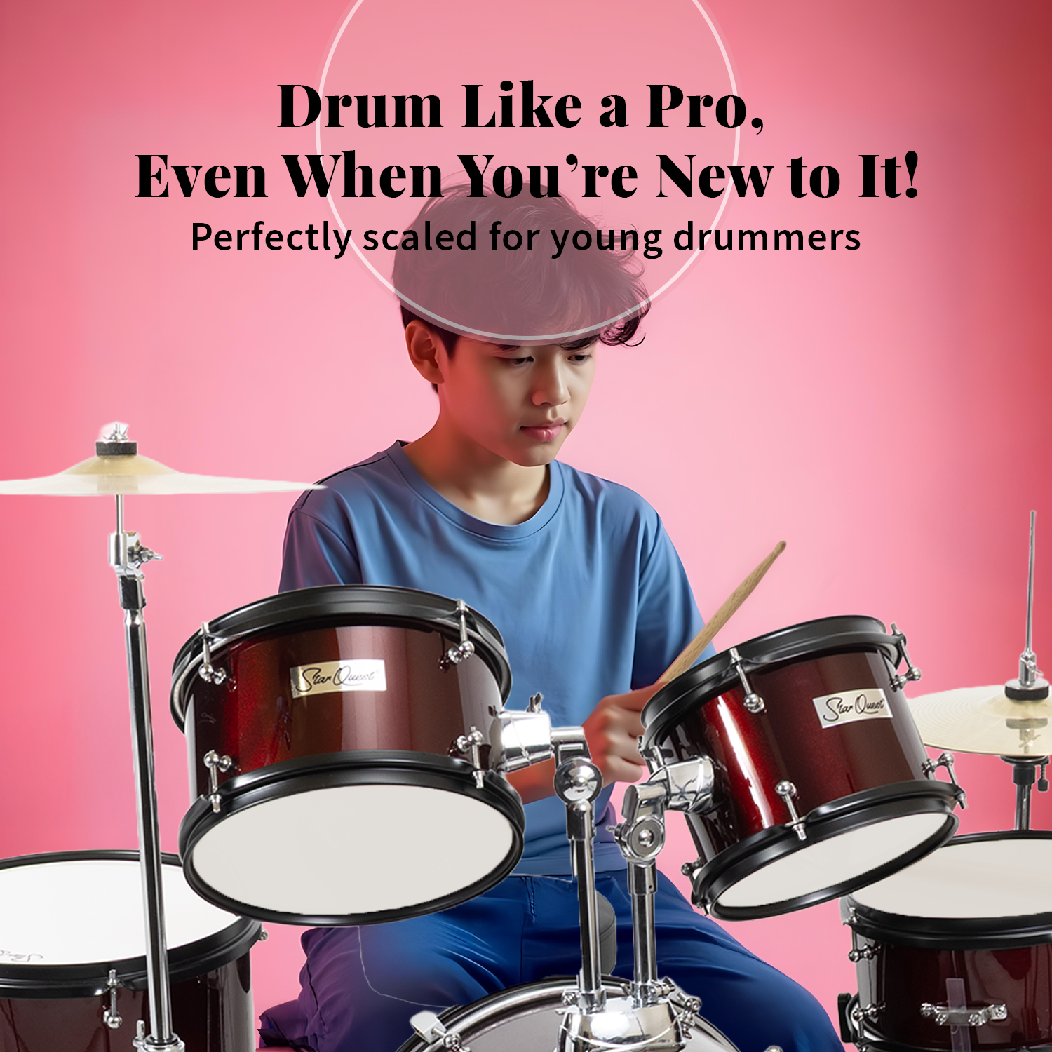 StarQuest Junior 5-Piece Drum Set, Metallic Wine Red Finish with Bass, Snare, 2x Toms, Floor tom, High Hats and Crash Cymbal, Perfect for Young