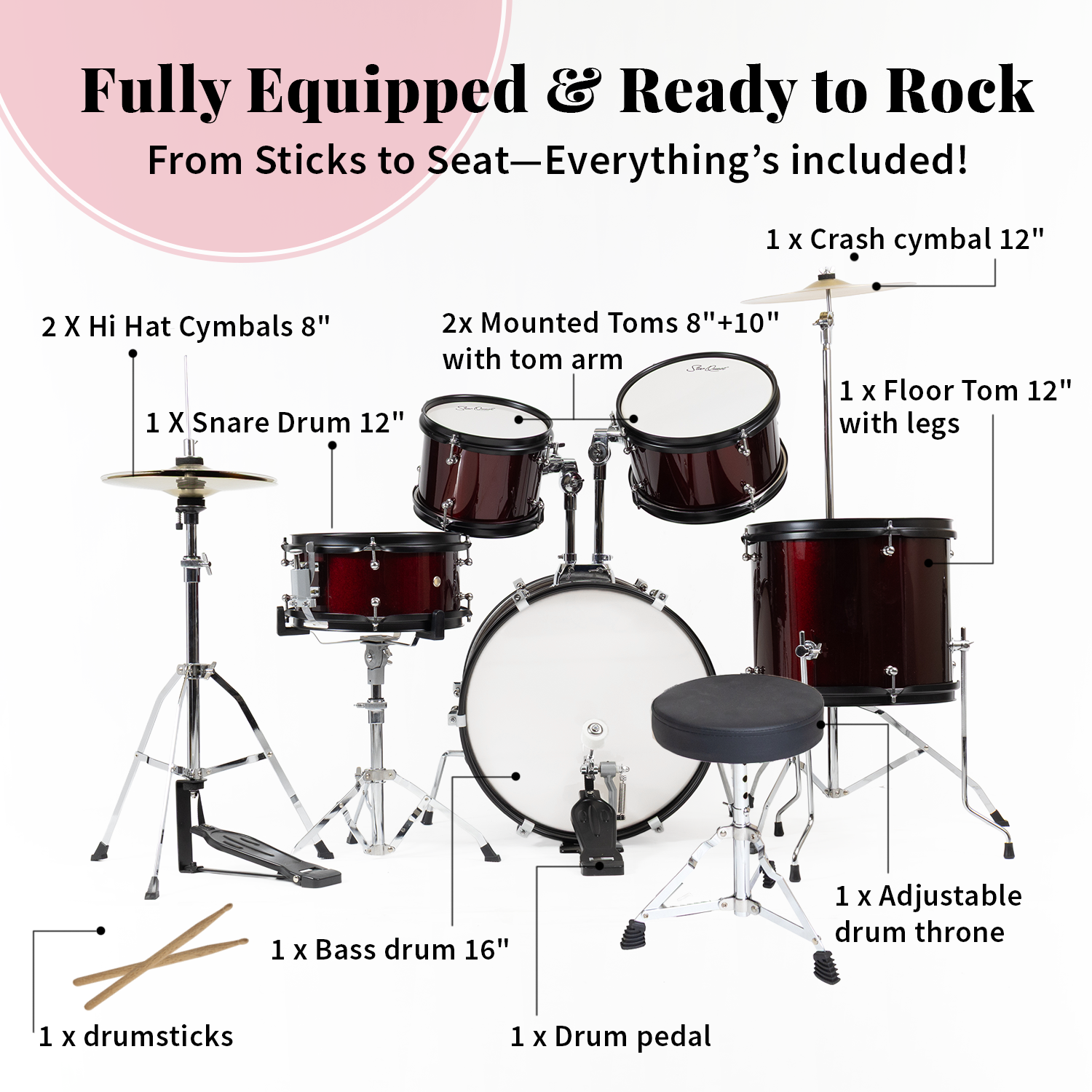 StarQuest Junior 5-Piece Drum Set, Metallic Wine Red Finish with Bass, Snare, 2x Toms, Floor tom, High Hats and Crash Cymbal, Perfect for Young