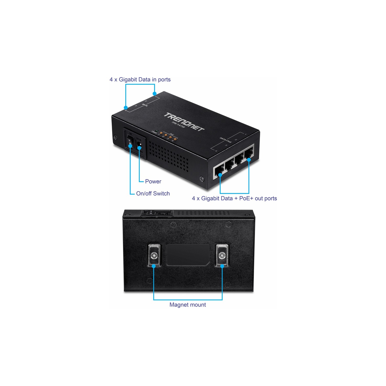 TRENDnet 65W 4-Port Gigabit PoE+ Injector -