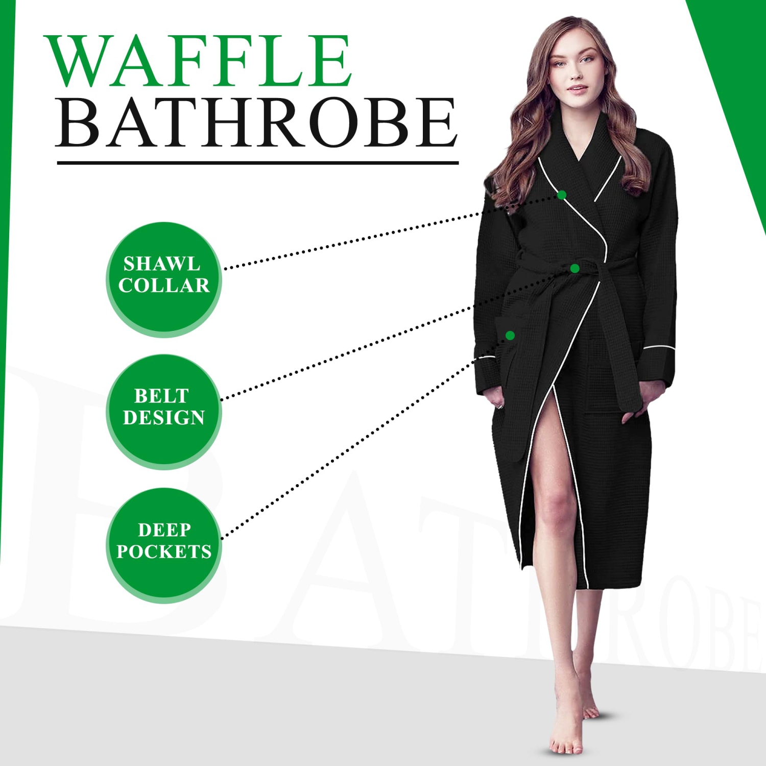 Canadian Linen Women Col Shawl Terry Waffle Peignoirs doux absorbants en coton pour baignoire de douche Femmes Spa & Salons Lounge Robes, grand, noir