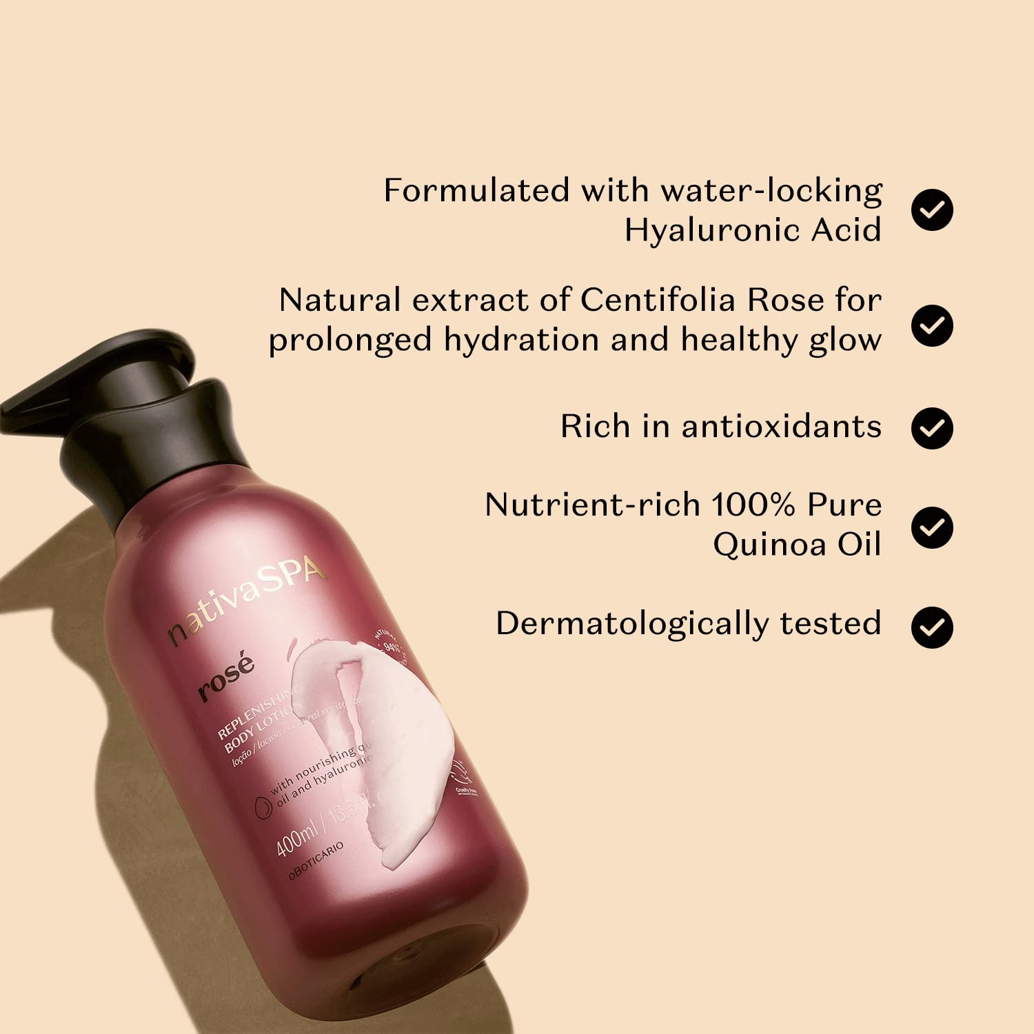 Lotion pour le corps Nativa SPA Rosé par O Boticario | 30 heures d'hydratation | hydratant parfumé pour la peau avec extrait de quinoa purifié, 13,5